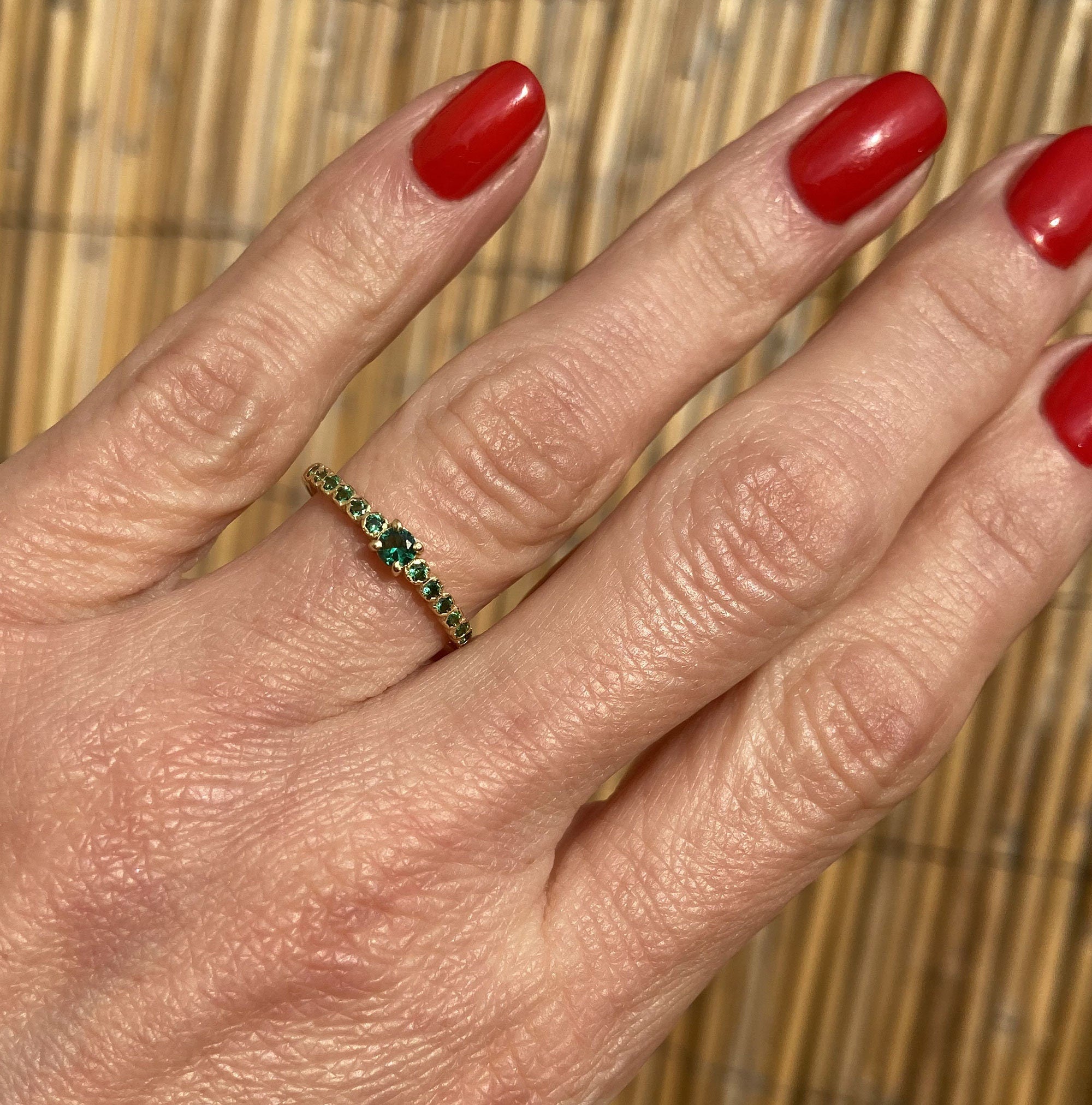 Emerald Ring - May Birthstone - Delicate Stacking Half Eternity Ring with Thirteen Round Emerald Gemstones - H.L.Jewelry