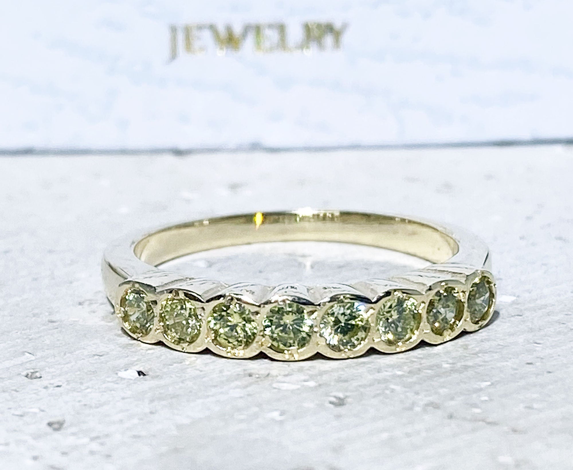 Peridot Ring - August Birthstone - Stacking Half Eternity Ring with Eight Round Peridot Gemstones - H.L.Jewelry