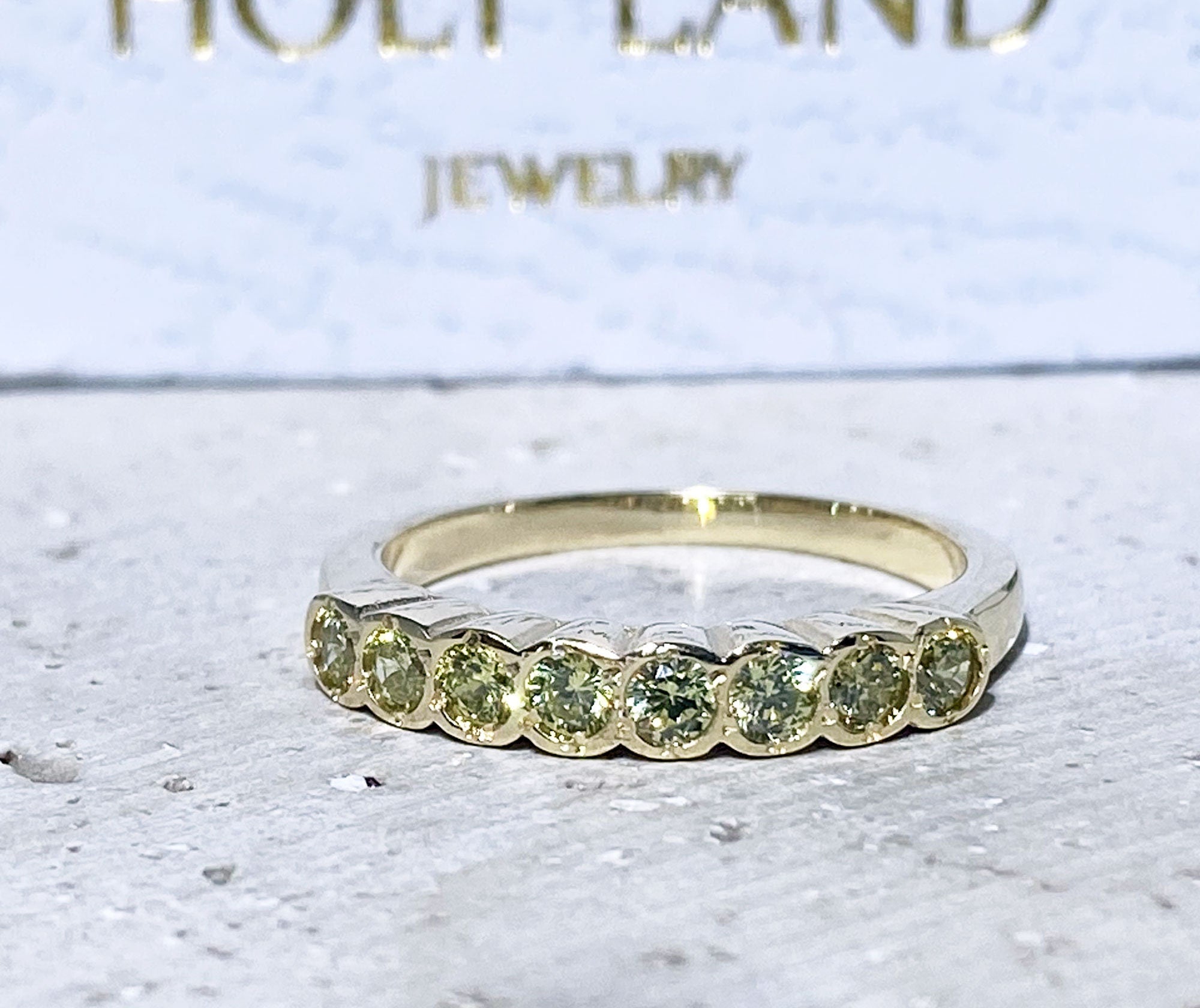 Peridot Ring - August Birthstone - Stacking Half Eternity Ring with Eight Round Peridot Gemstones - H.L.Jewelry