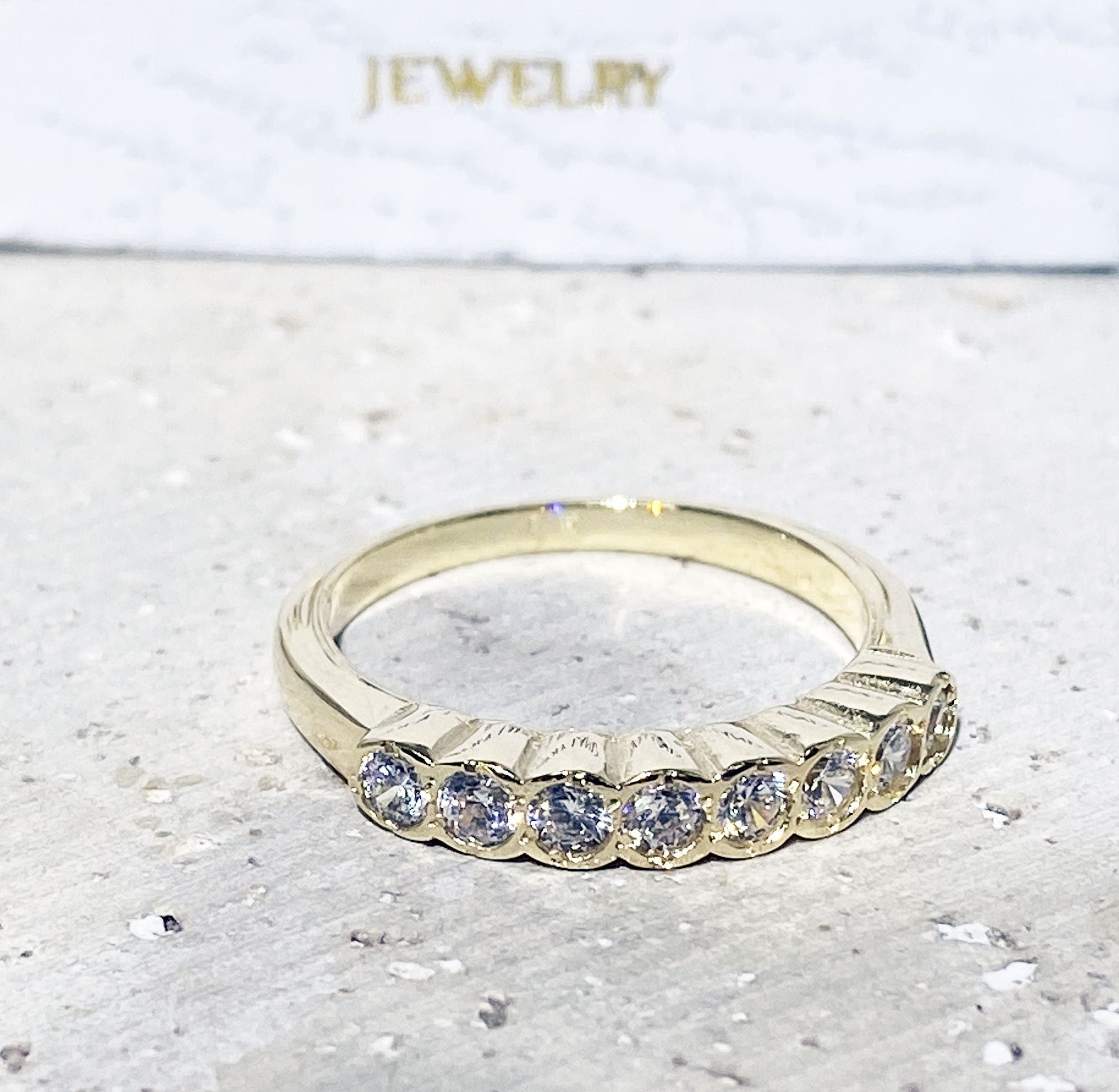 Clear Quartz Ring - April Birthstone - Delicate Stacking Half Eternity Ring with Eight Round Clear Quartz Gemstones - H.L.Jewelry