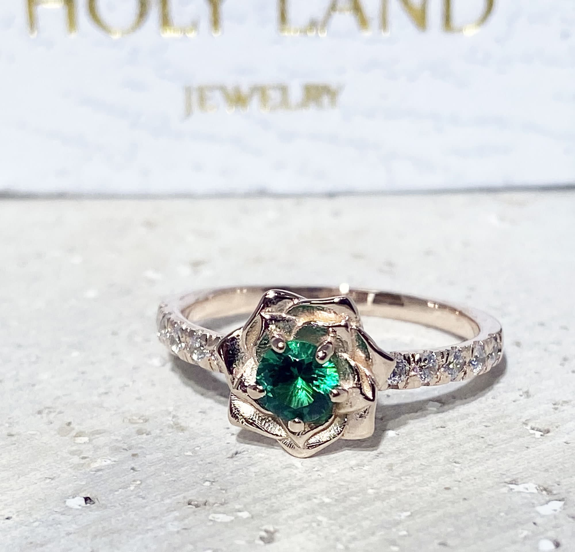 Emerald Ring - May Birthstone - Camellia Engagement Ring with Emerald Gemstone and Clear Quartz Accents - H.L.Jewelry