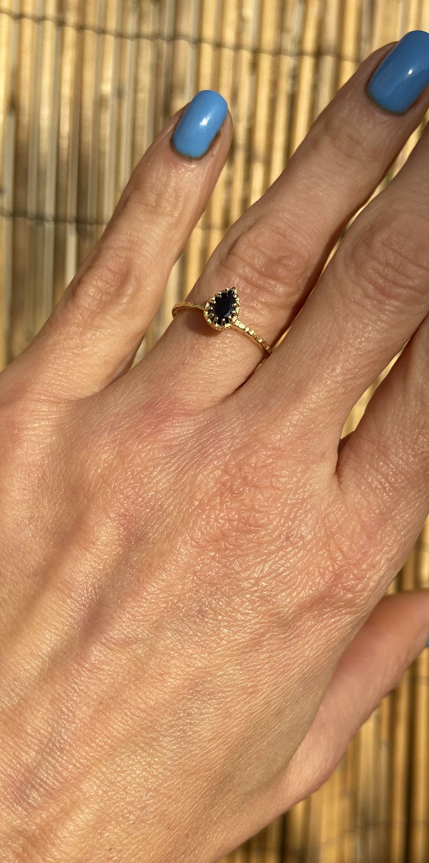 Black Onyx Ring - December Birthstone - Delicate Hammered Ring with Pear-Shaped Black Onyx Gemstone - H.L.Jewelry