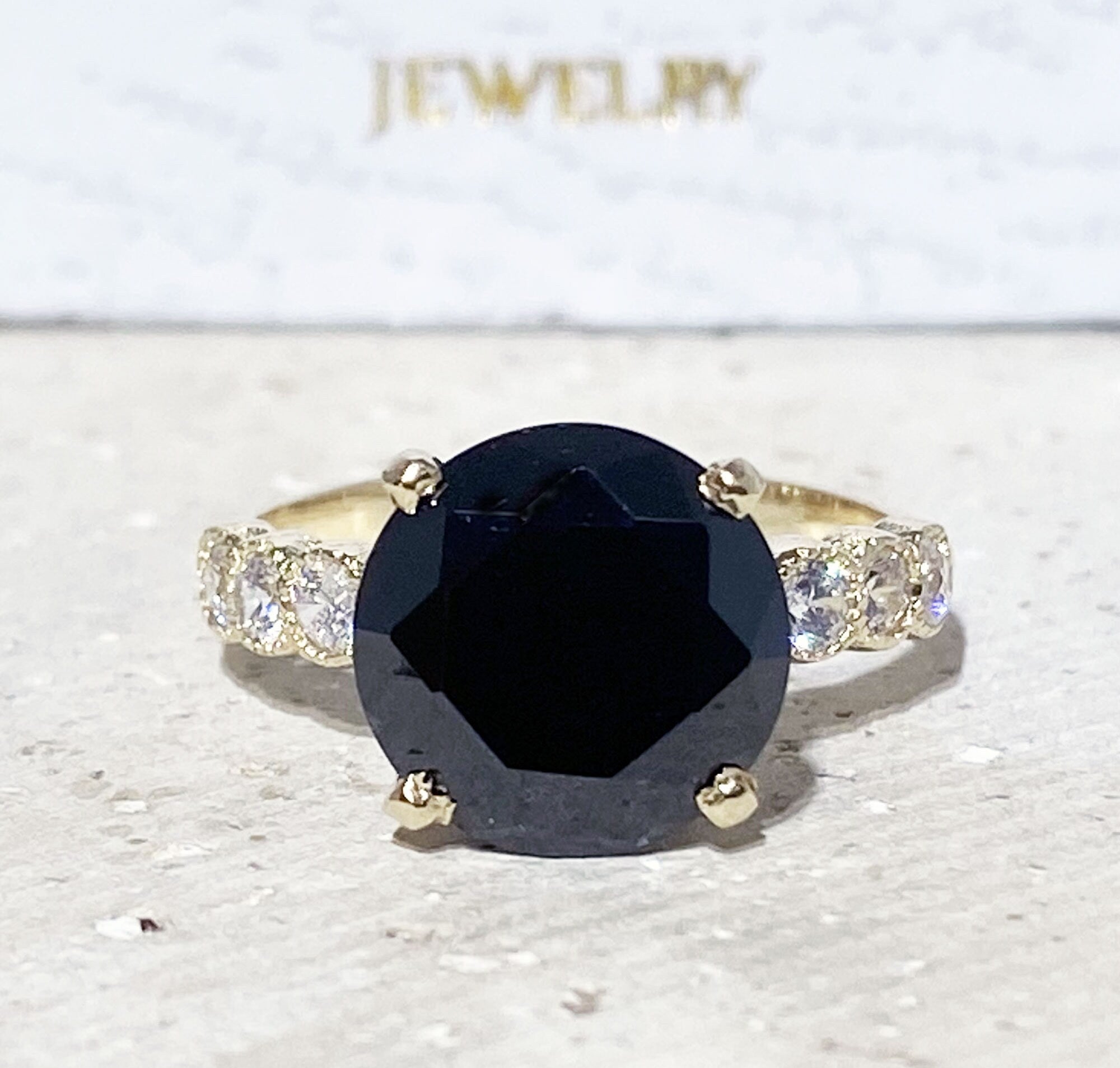 Black Onyx Ring - December Birthstone - Statement Engagement Ring with Round Black Onyx Gemstone and Clear Quartz Accents - H.L.Jewelry