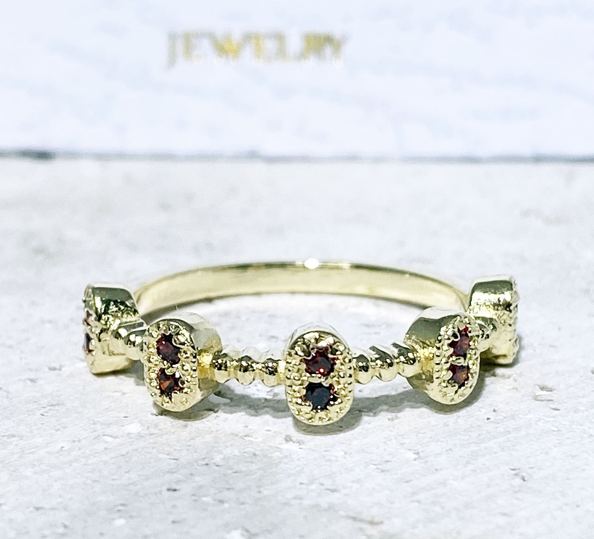 Red Garnet Ring - January Birthstone - Five Bezel-Sets Ring with Red Garnet Accents - H.L.Jewelry