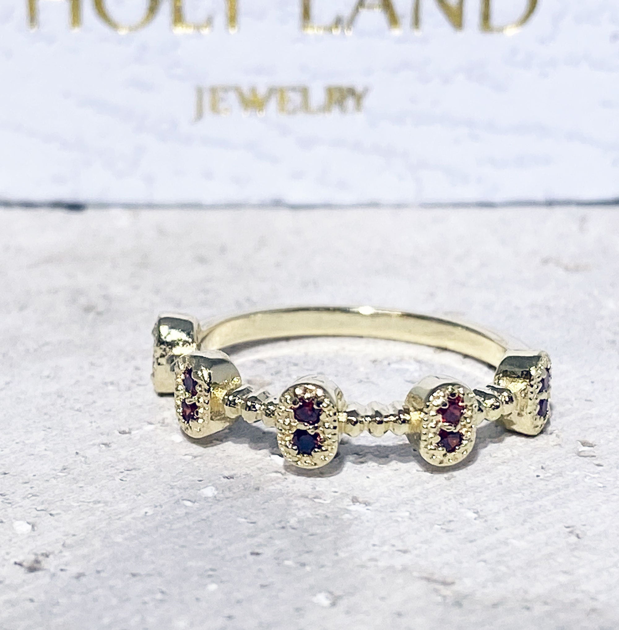 Red Garnet Ring - January Birthstone - Five Bezel-Sets Ring with Red Garnet Accents - H.L.Jewelry