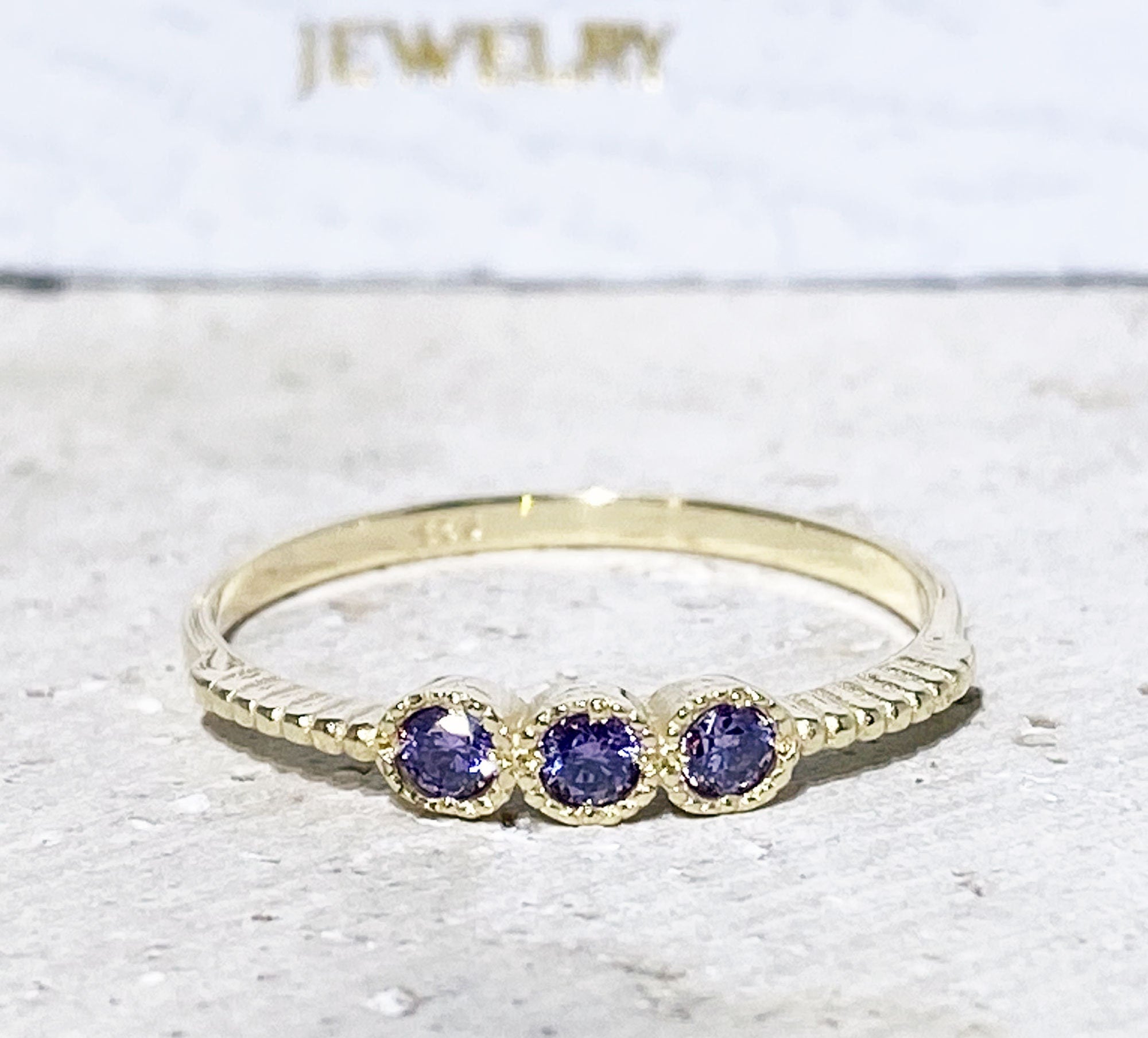 Purple Amethyst Ring - February Birthstone - Three Round Purple Amethyst Gemstone Delicate Stacking Ring - H.L.Jewelry