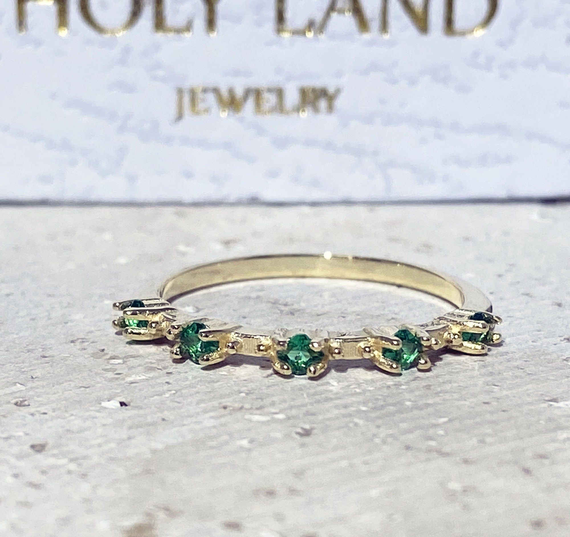 Emerald Ring - May Birthstone - Stacking Ring with Five Round Emerald Gemstones - H.L.Jewelry