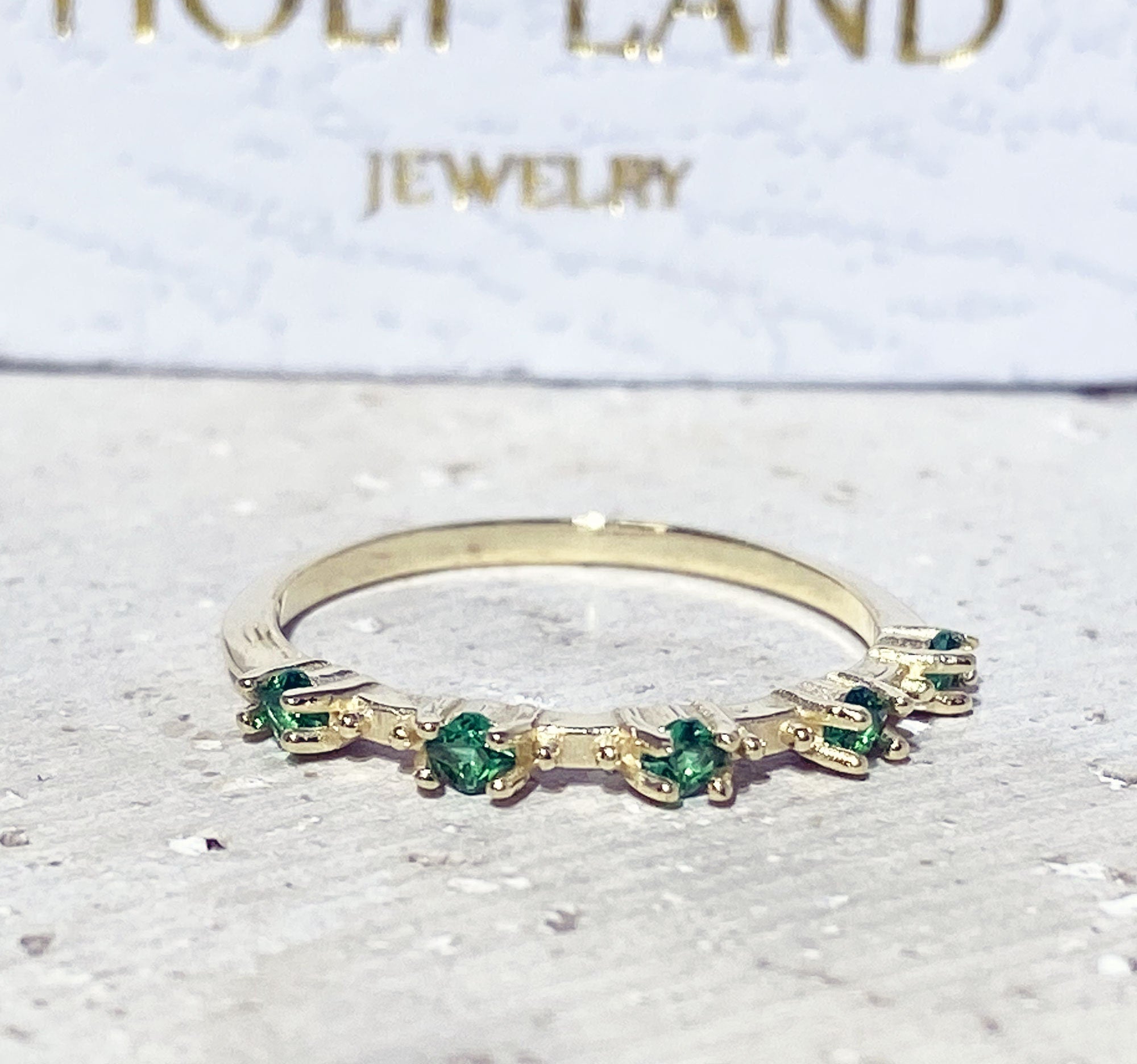 Emerald Ring - May Birthstone - Stacking Ring with Five Round Emerald Gemstones - H.L.Jewelry