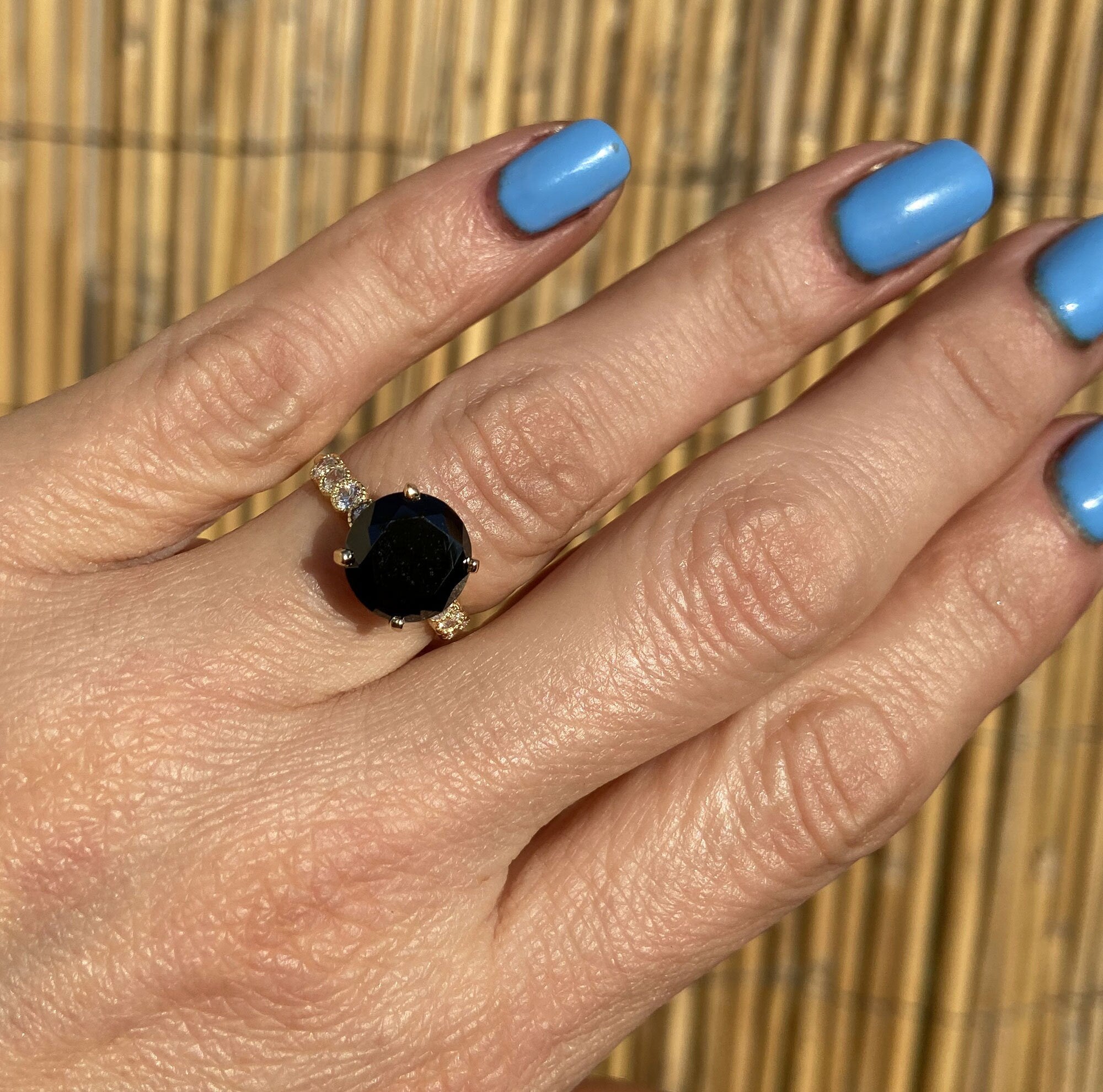 Black Onyx Ring - December Birthstone - Statement Engagement Ring with Round Black Onyx Gemstone and Clear Quartz Accents - H.L.Jewelry