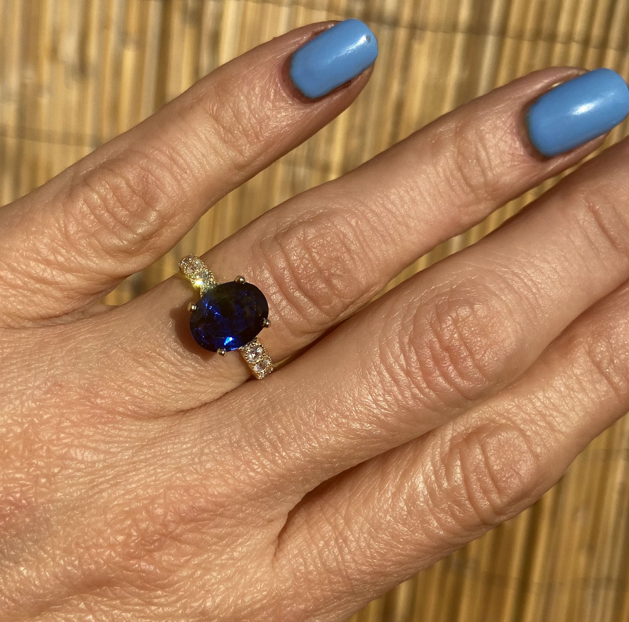 Blue Sapphire Ring - September Birthstone - Oval Blue Sapphire Gemstone Statement Engagement Ring with Clear Quartz Accents - H.L.Jewelry