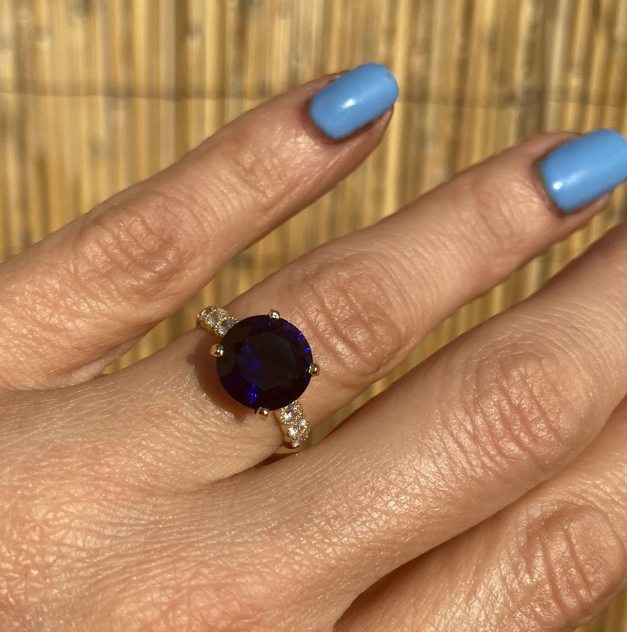 Blue Sapphire Ring - September Birthstone - Round Blue Sapphire Statement Engagement Ring with Clear Quartz Accents - H.L.Jewelry