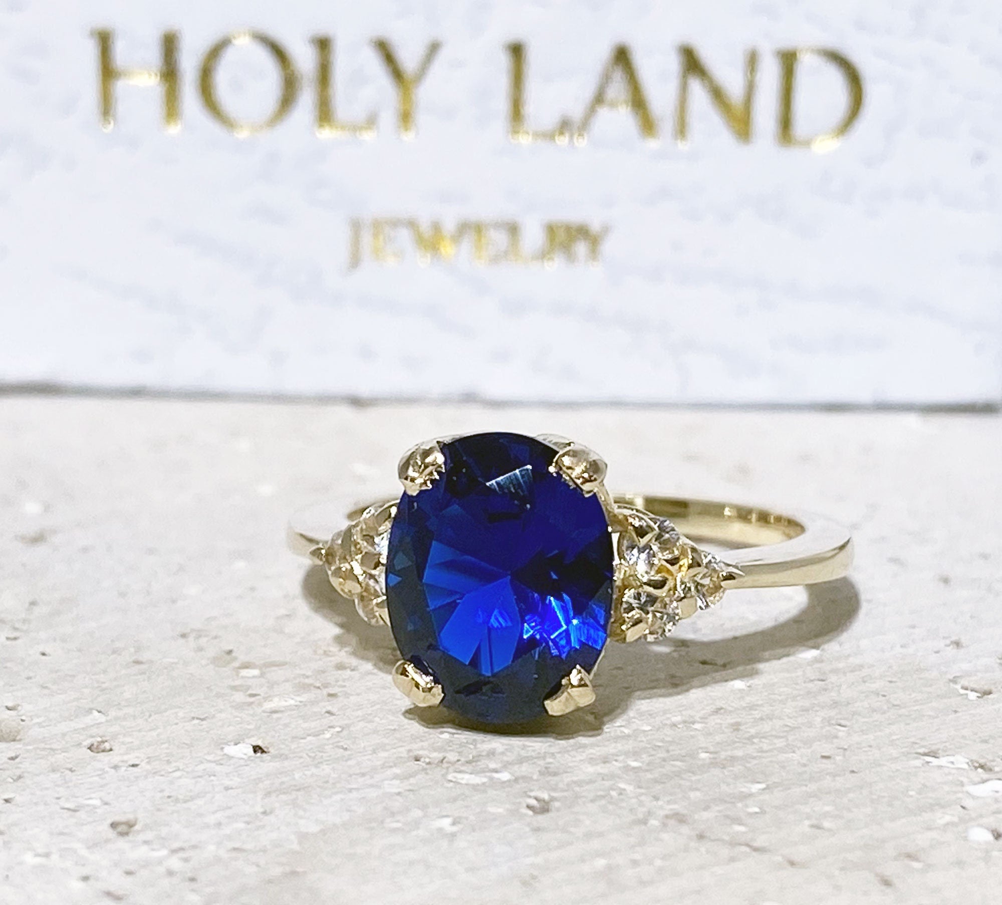 Blue Sapphire Ring - September Birthstone - Oval Blue Sapphire Statement Engagement Ring with Clear Quartz Accents - H.L.Jewelry