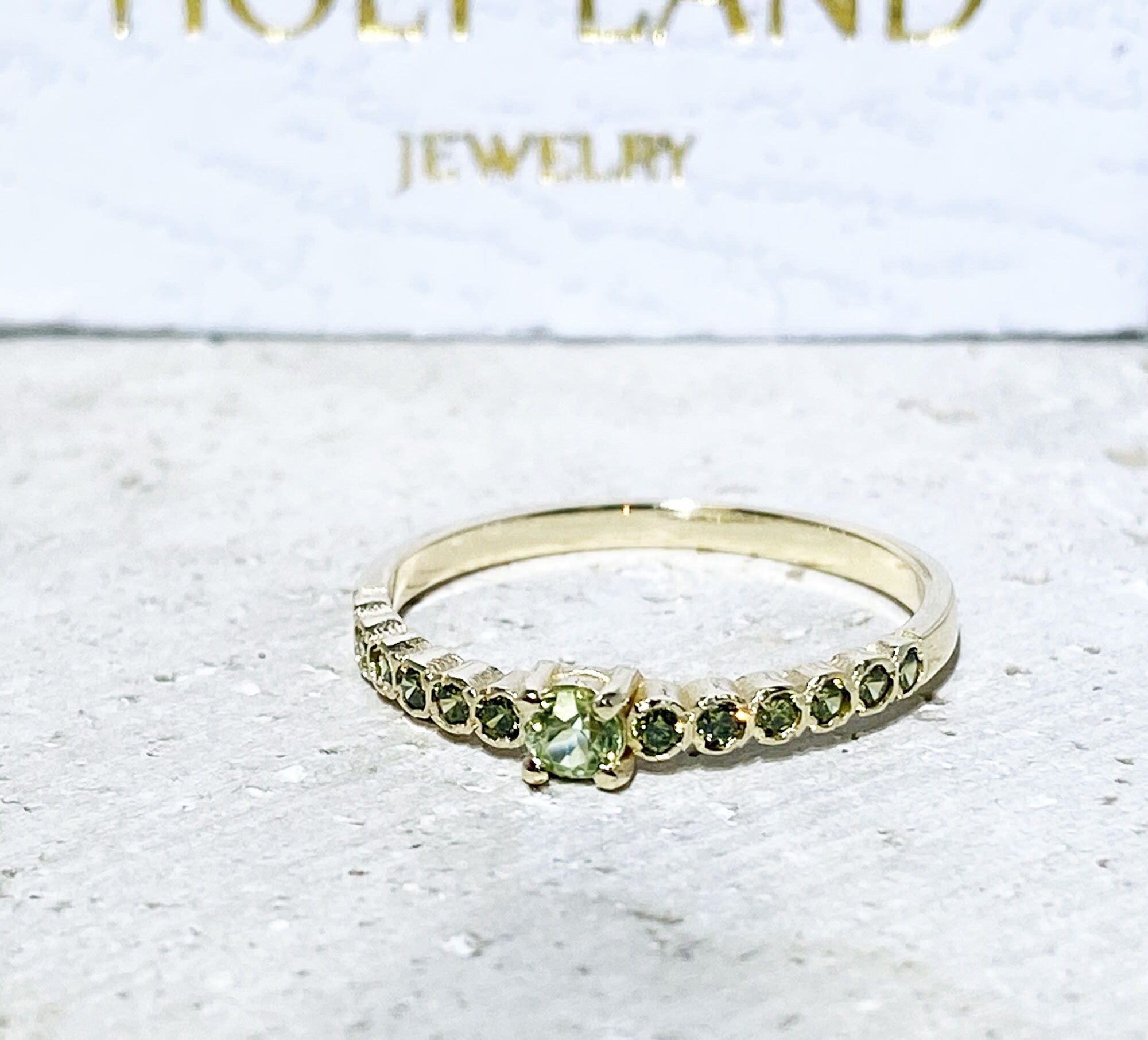 Peridot Ring - August Birthstone - Stacking Half Eternity Ring with Thirteen Round Peridot Gemstones - H.L.Jewelry