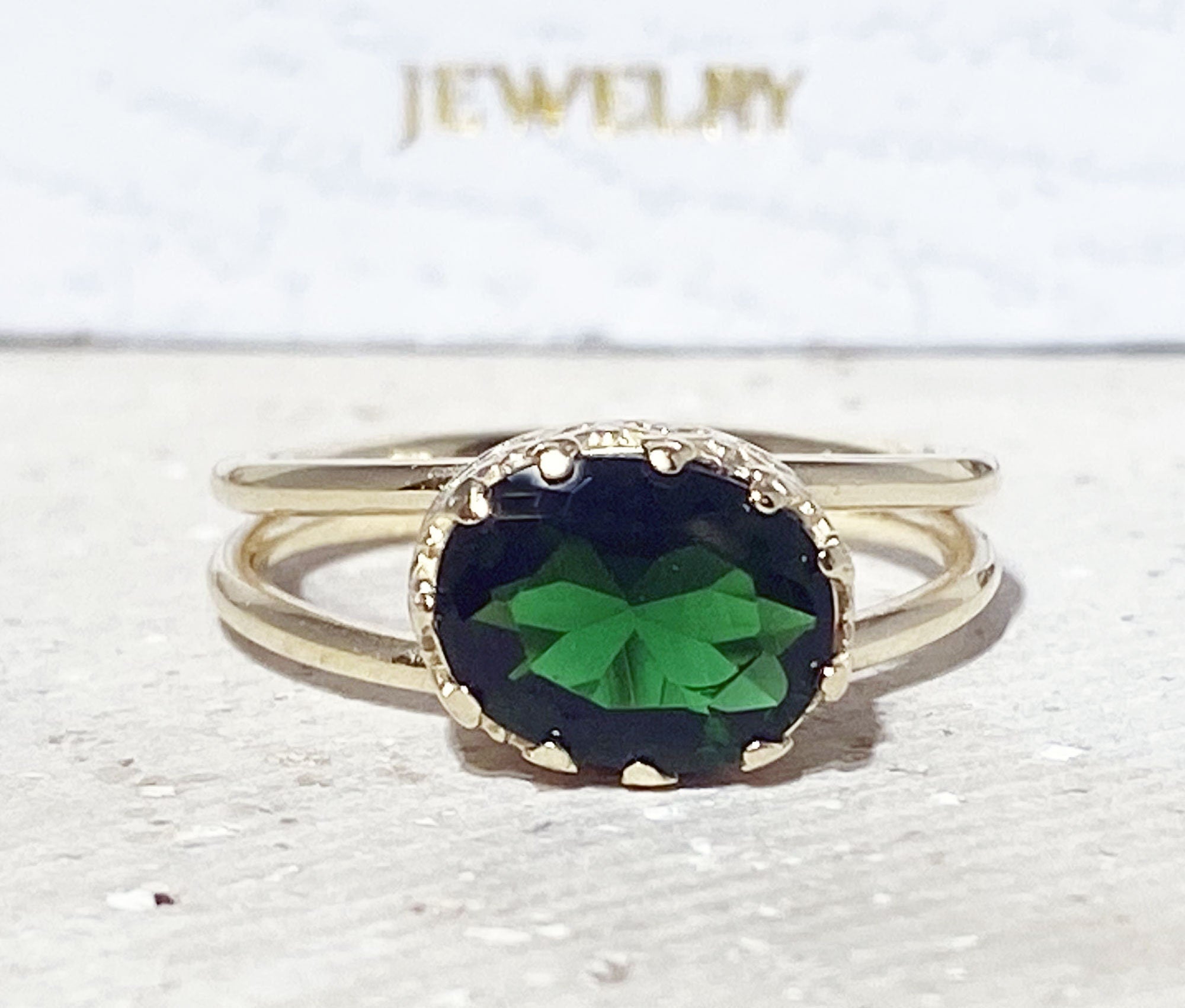 Emerald Ring - May Birthstone - Emerald Gemstone Double Band Vintage Oval Crown Ring - H.L.Jewelry