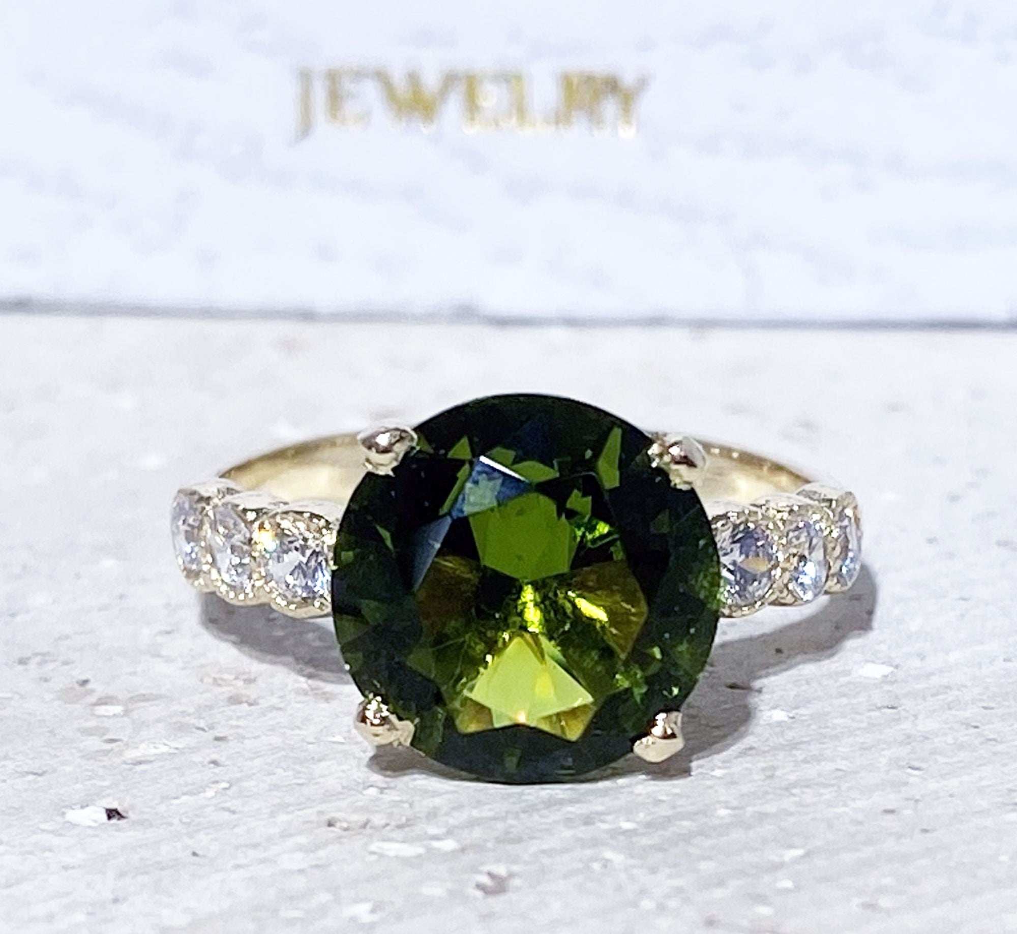 Peridot Ring - August Birthstone - Statement Engagement Ring with Round Peridot Gemstone and Clear Quartz Accents - H.L.Jewelry