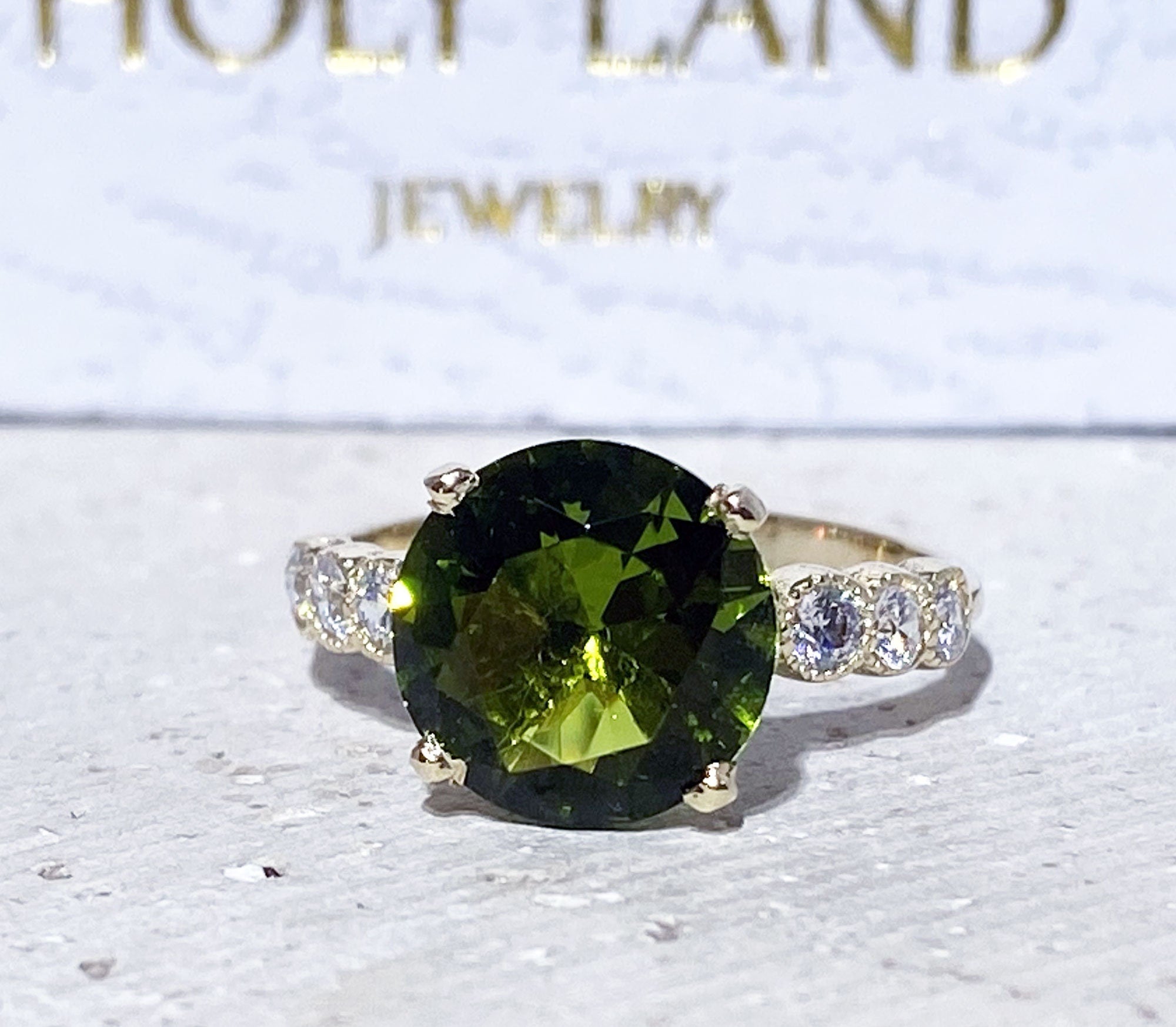 Peridot Ring - August Birthstone - Statement Engagement Ring with Round Peridot Gemstone and Clear Quartz Accents - H.L.Jewelry