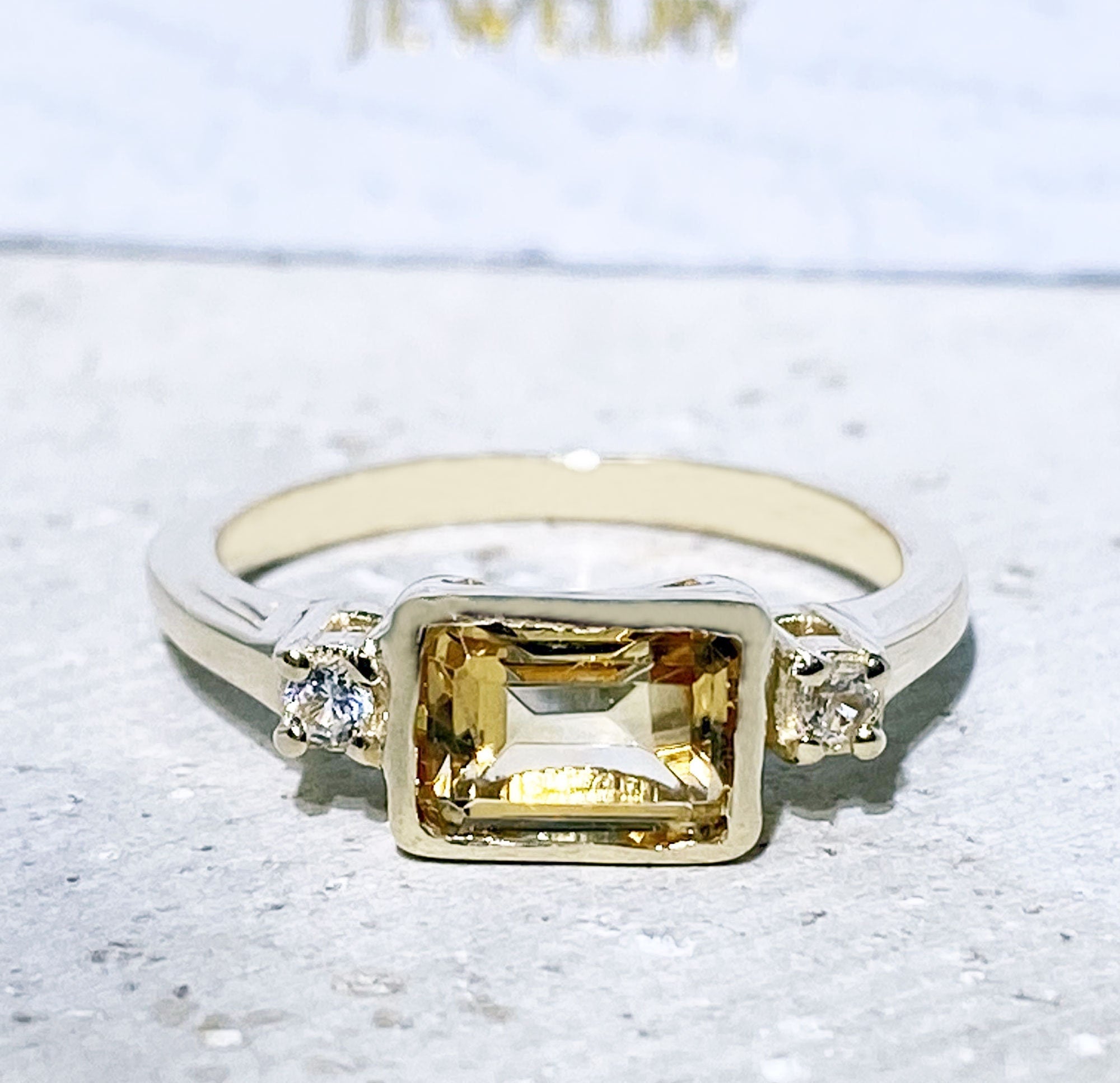 Citrine Ring - November Birthstone - Simple Ring with Octagon Citrine and Clear Quartz Accents - H.L.Jewelry