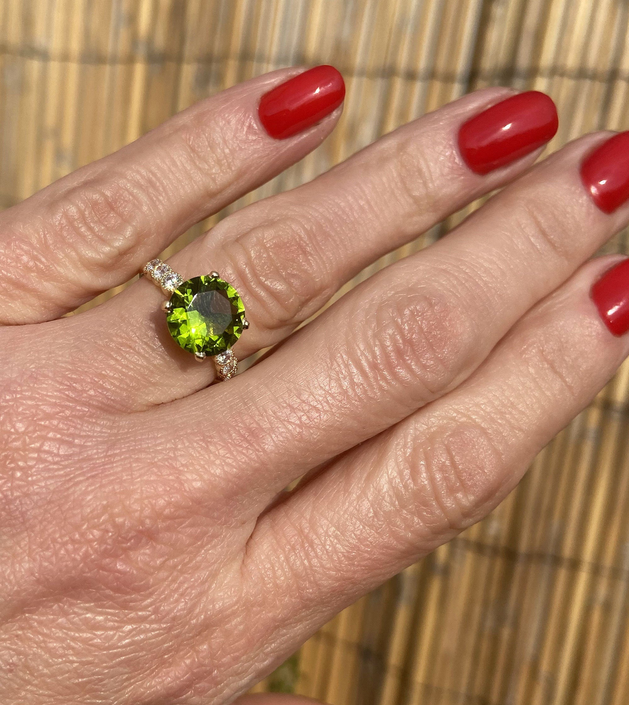 Peridot Ring - August Birthstone - Statement Engagement Ring with Round Peridot Gemstone and Clear Quartz Accents - H.L.Jewelry