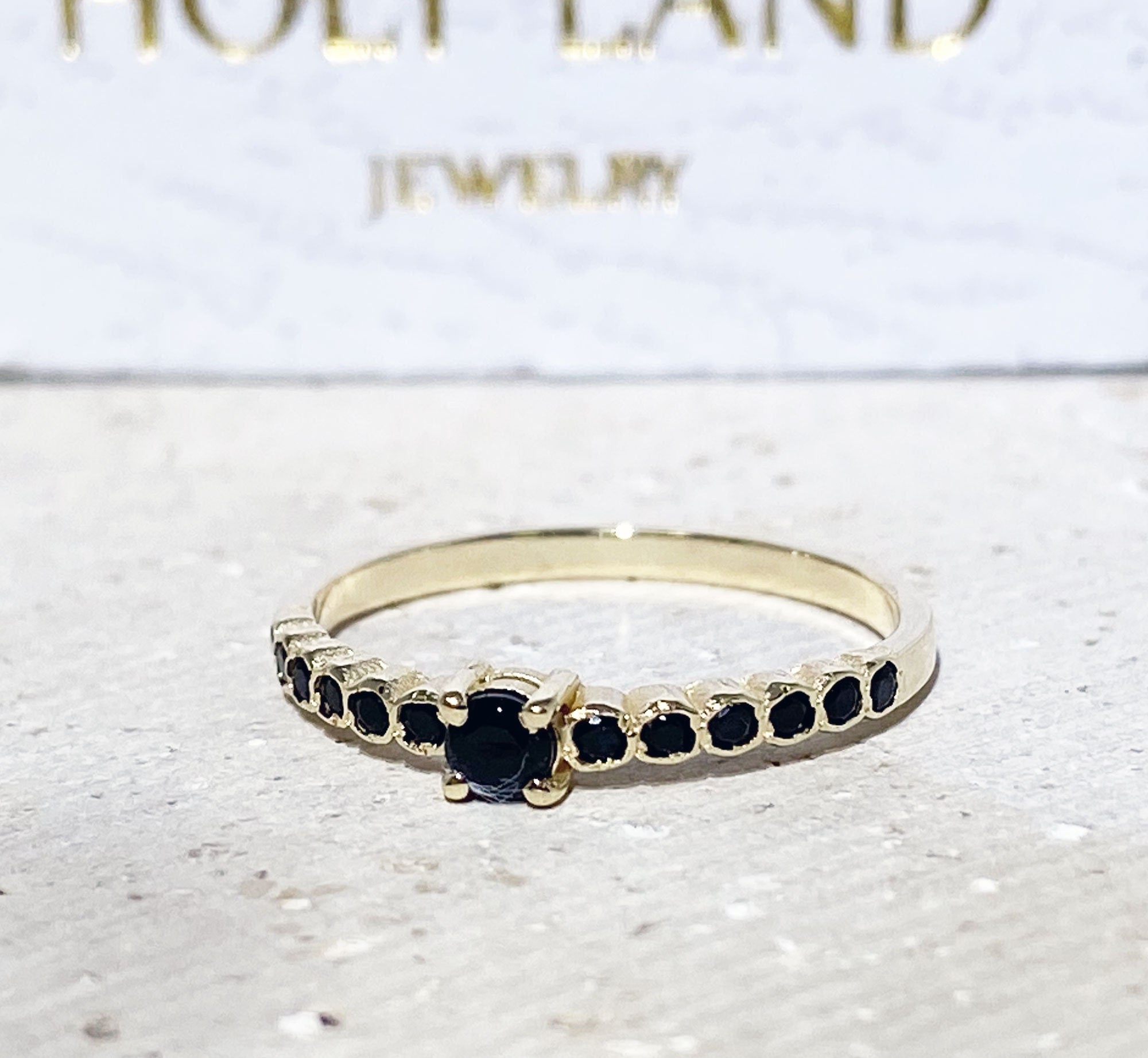 Black Onyx Ring - December Birthstone - Delicate Stacking Ring with Thirteen Round Black Onyx Gemstones - H.L.Jewelry