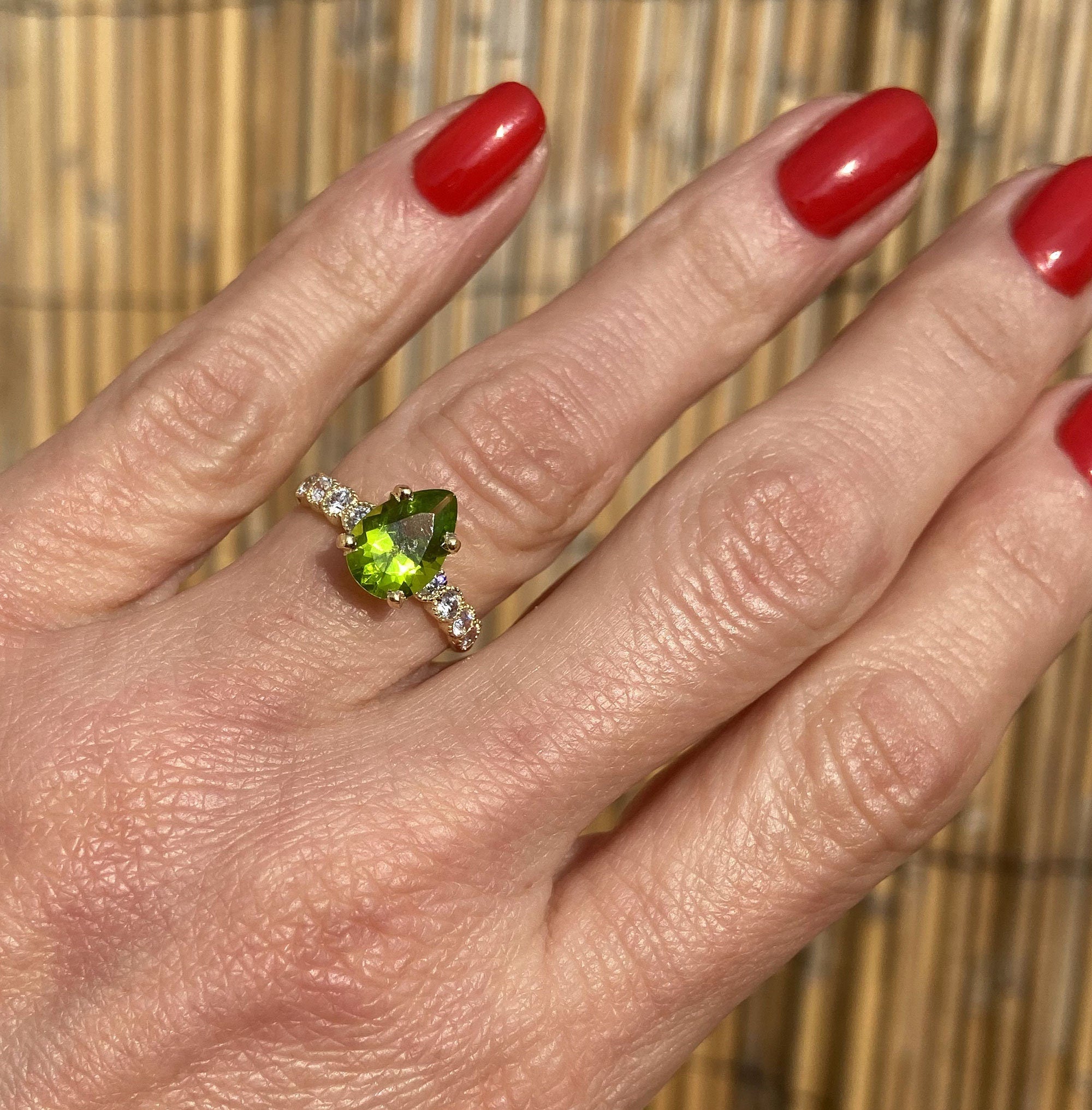 Peridot Ring - August Birthstone - Statement Engagement Ring with Pear-Shaped Peridot Gemstone and Clear Quartz Accents - H.L.Jewelry