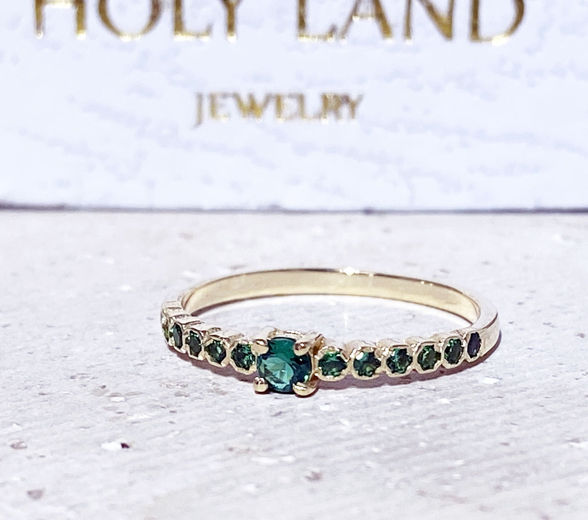 Emerald Ring - May Birthstone - Delicate Stacking Half Eternity Ring with Thirteen Round Emerald Gemstones - H.L.Jewelry