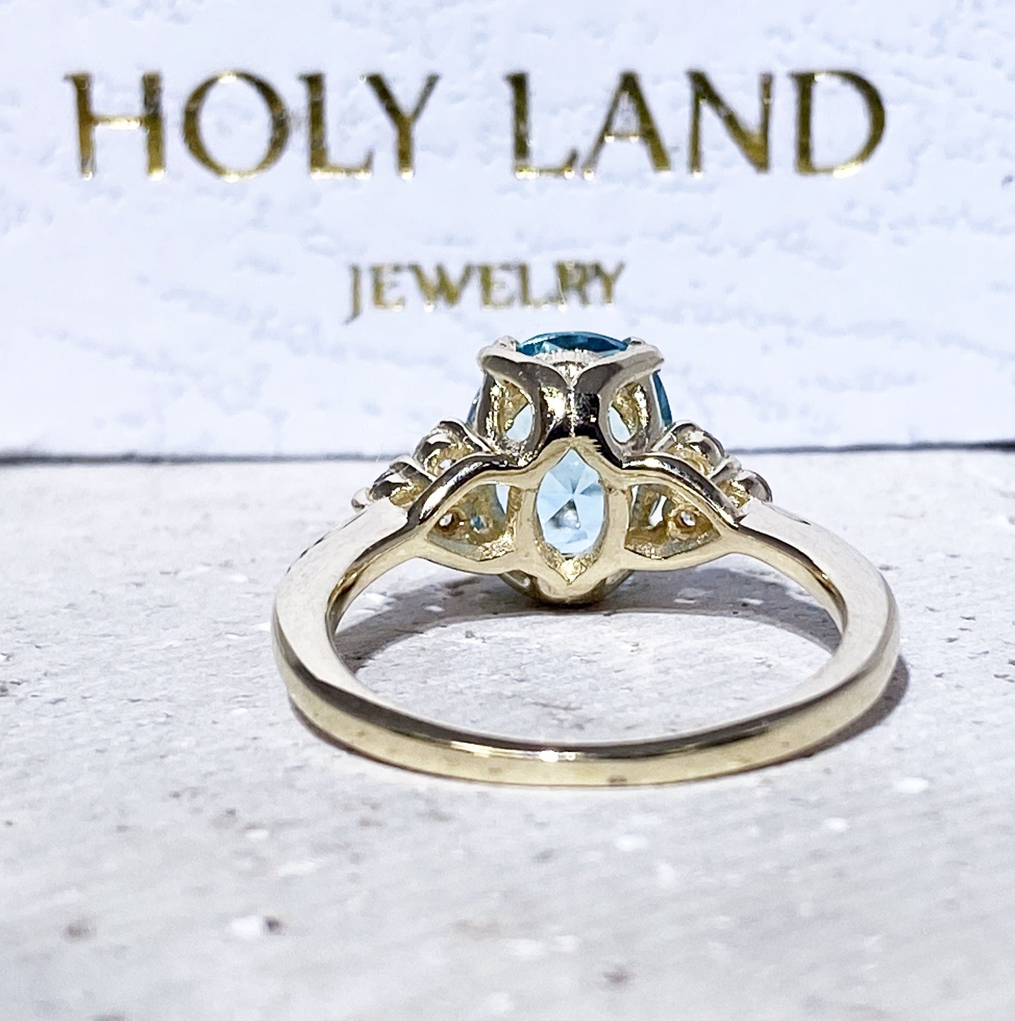 Blue Topaz Ring - December Birthstone - Oval Blue Topaz Statement Engagement Ring with Clear Quartz Accents - H.L.Jewelry