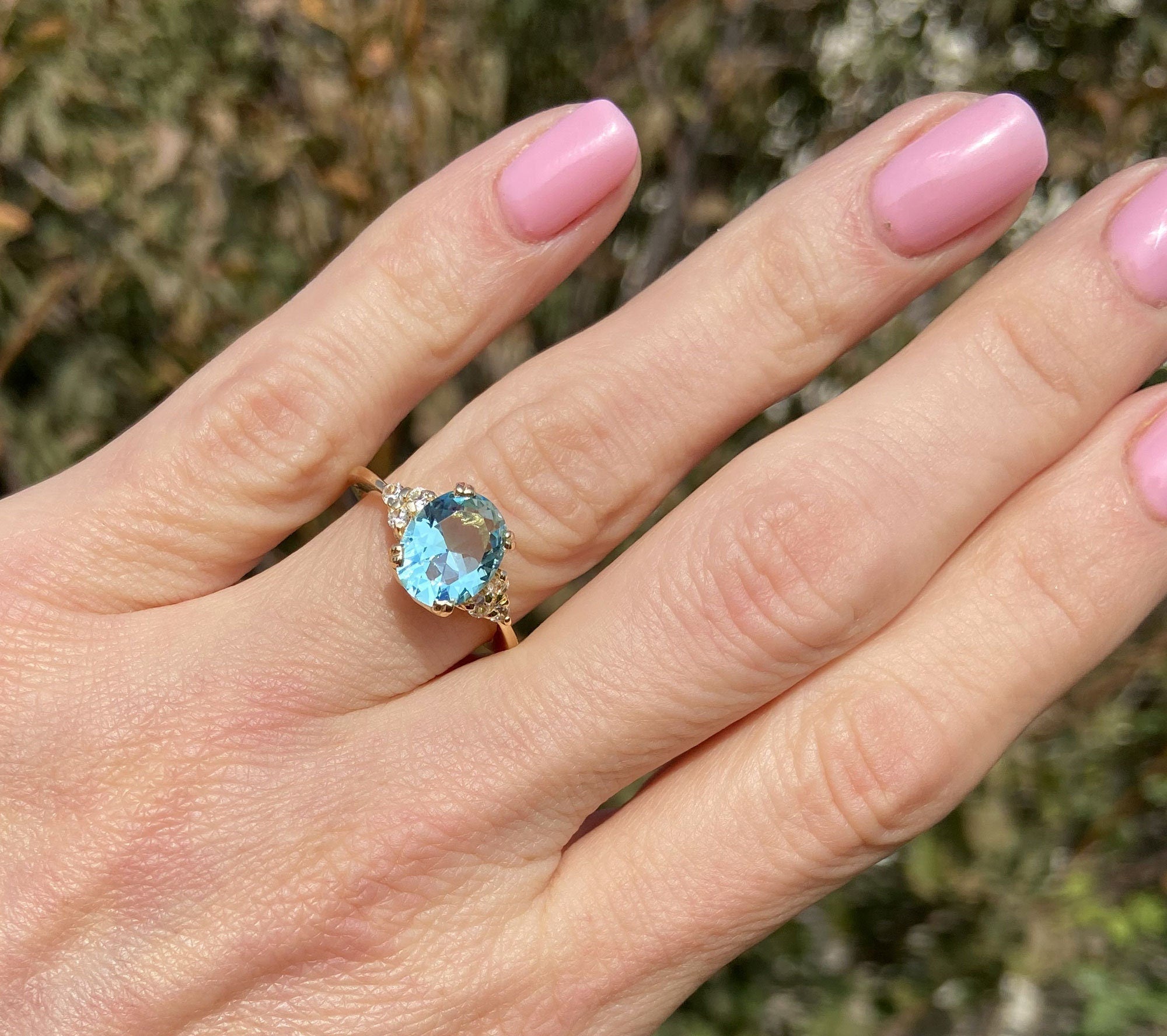 Blue Topaz Ring - December Birthstone - Oval Blue Topaz Statement Engagement Ring with Clear Quartz Accents - H.L.Jewelry