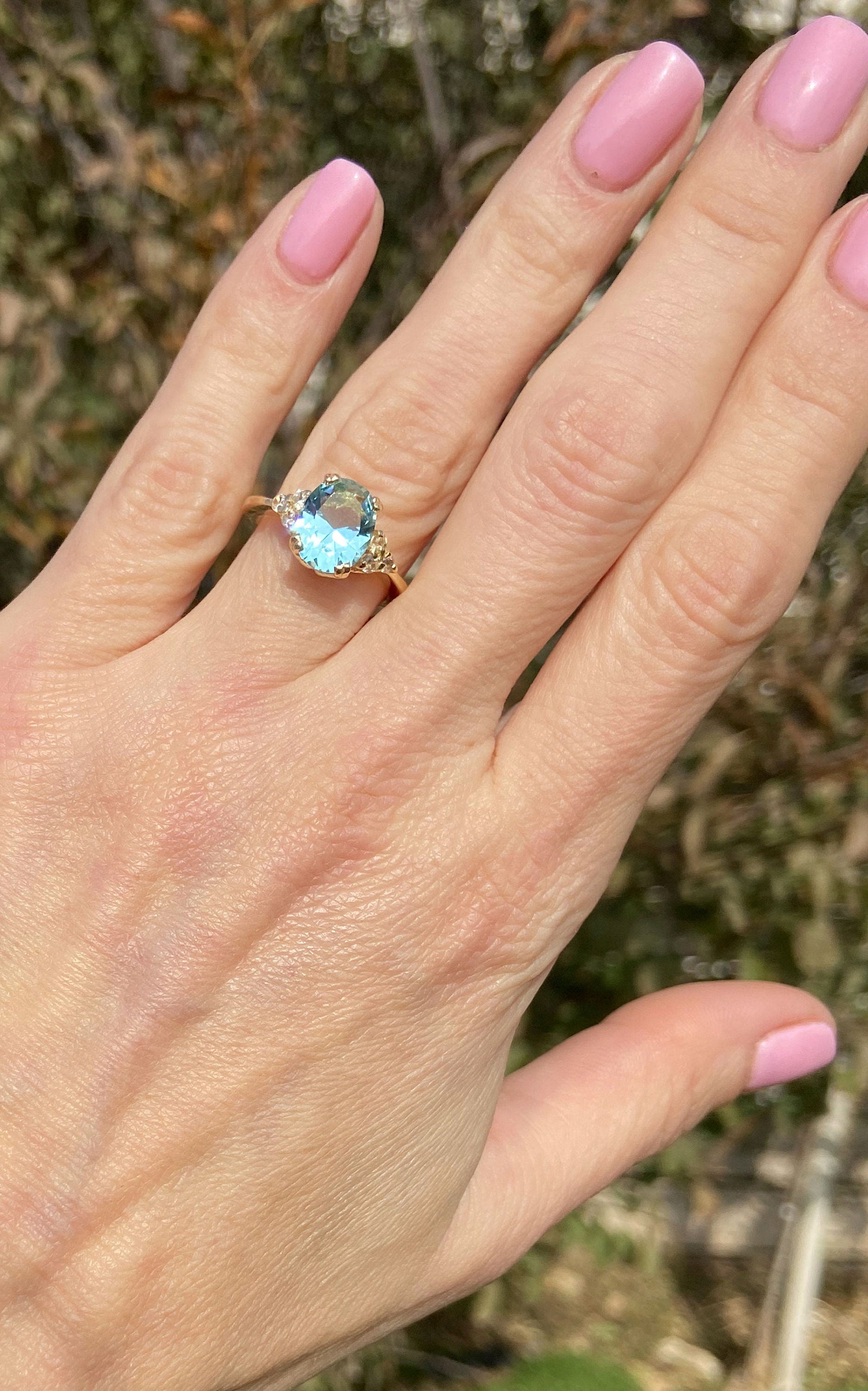 Blue Topaz Ring - December Birthstone - Oval Blue Topaz Statement Engagement Ring with Clear Quartz Accents - H.L.Jewelry