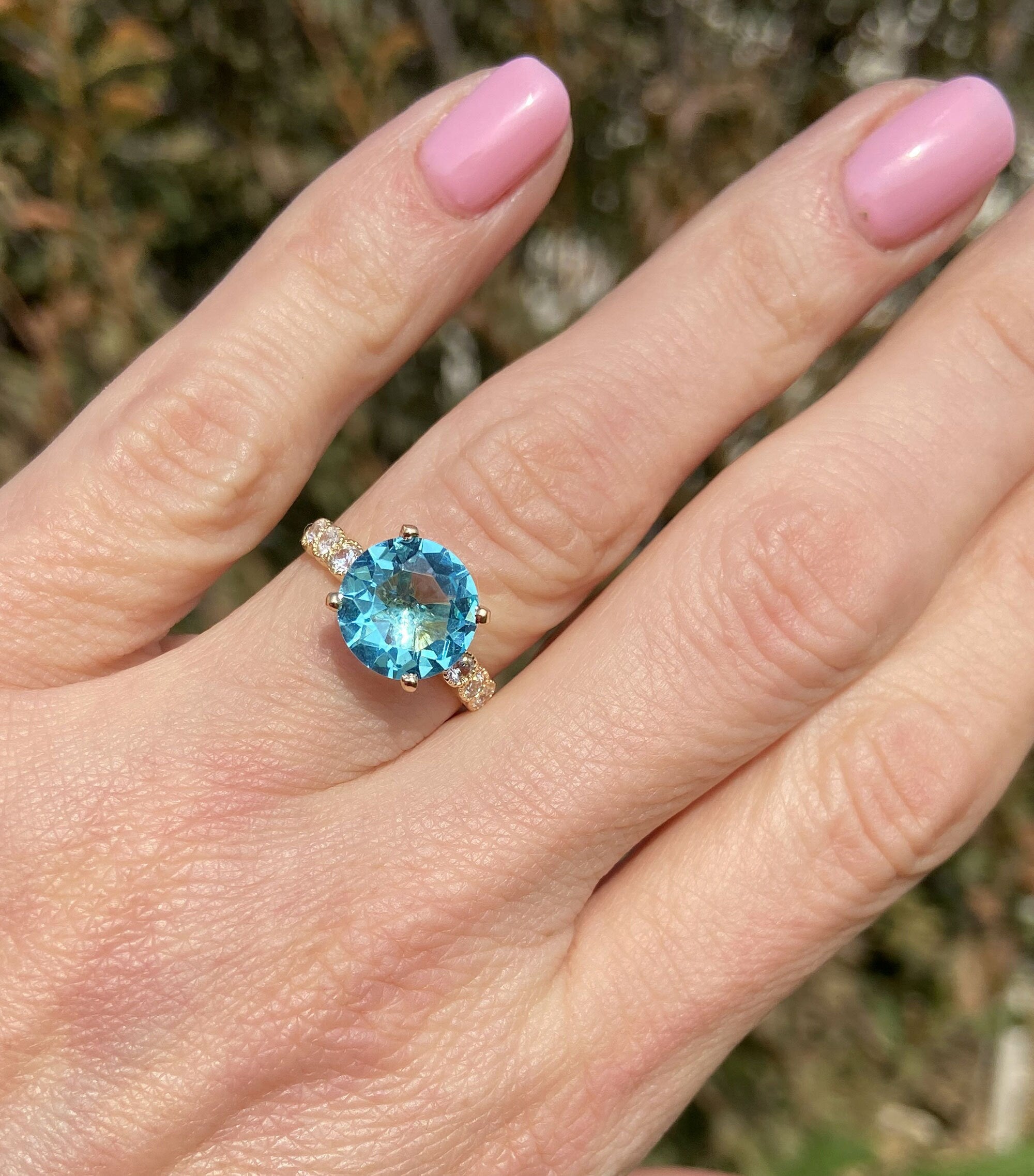 Aquamarine Ring - March Birthstone - Statement Engagement Ring with Round Aquamarine Gemstone and Clear Quartz Accents - H.L.Jewelry