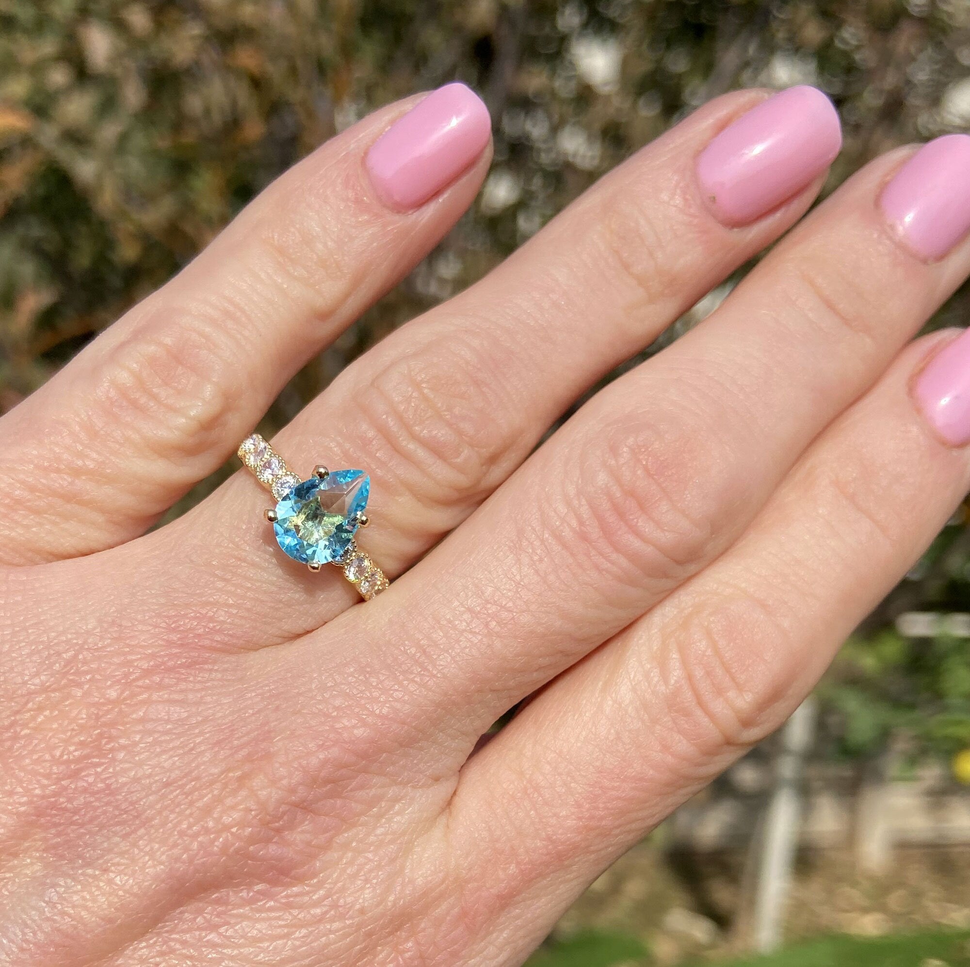 Aquamarine Ring - March Birthstone - Statement Engagement Ring with Pear-Shaped Aquamarine Gemstone and Clear Quartz Accents - H.L.Jewelry