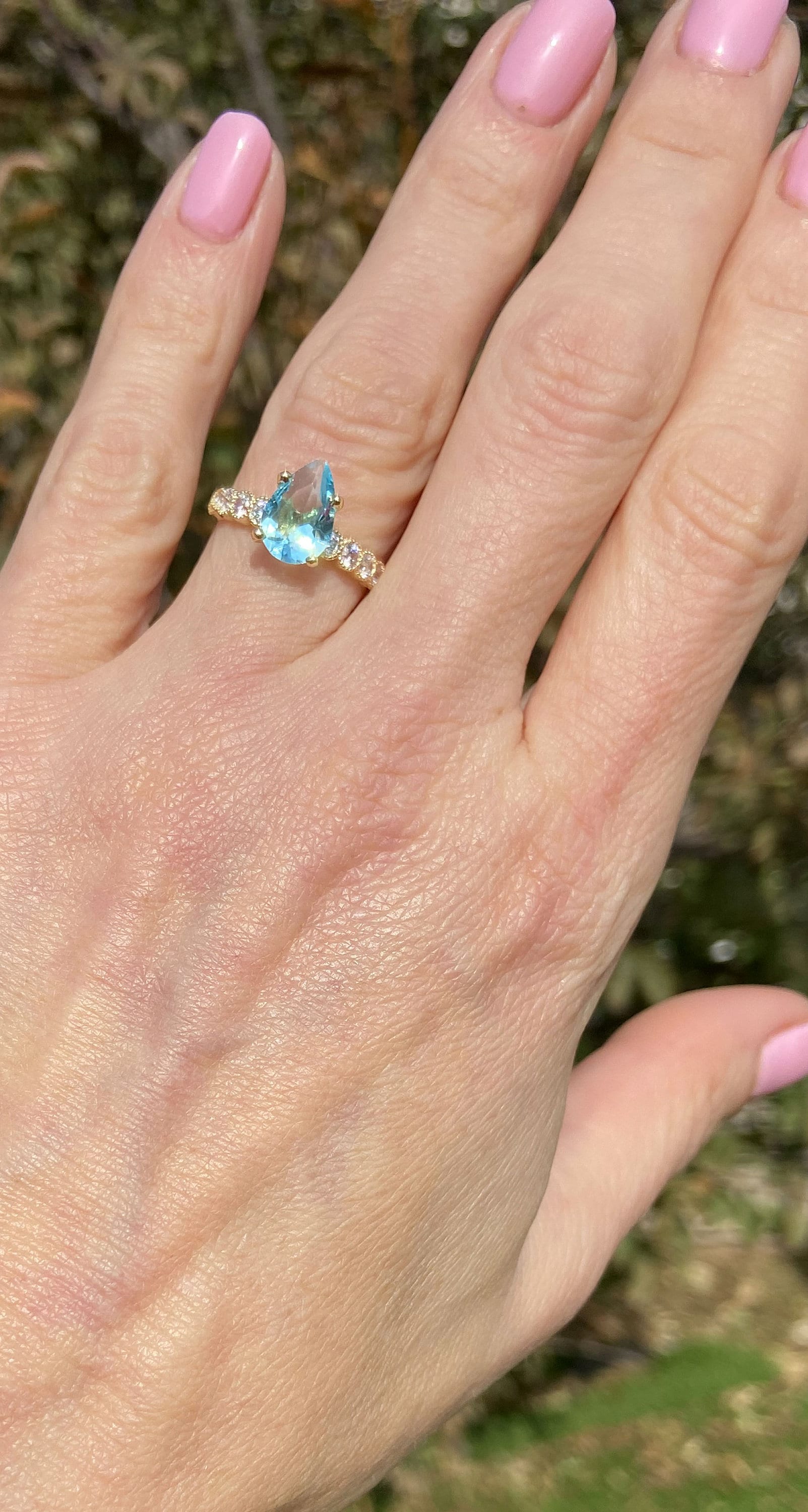 Aquamarine Ring - March Birthstone - Statement Engagement Ring with Pear-Shaped Aquamarine Gemstone and Clear Quartz Accents - H.L.Jewelry