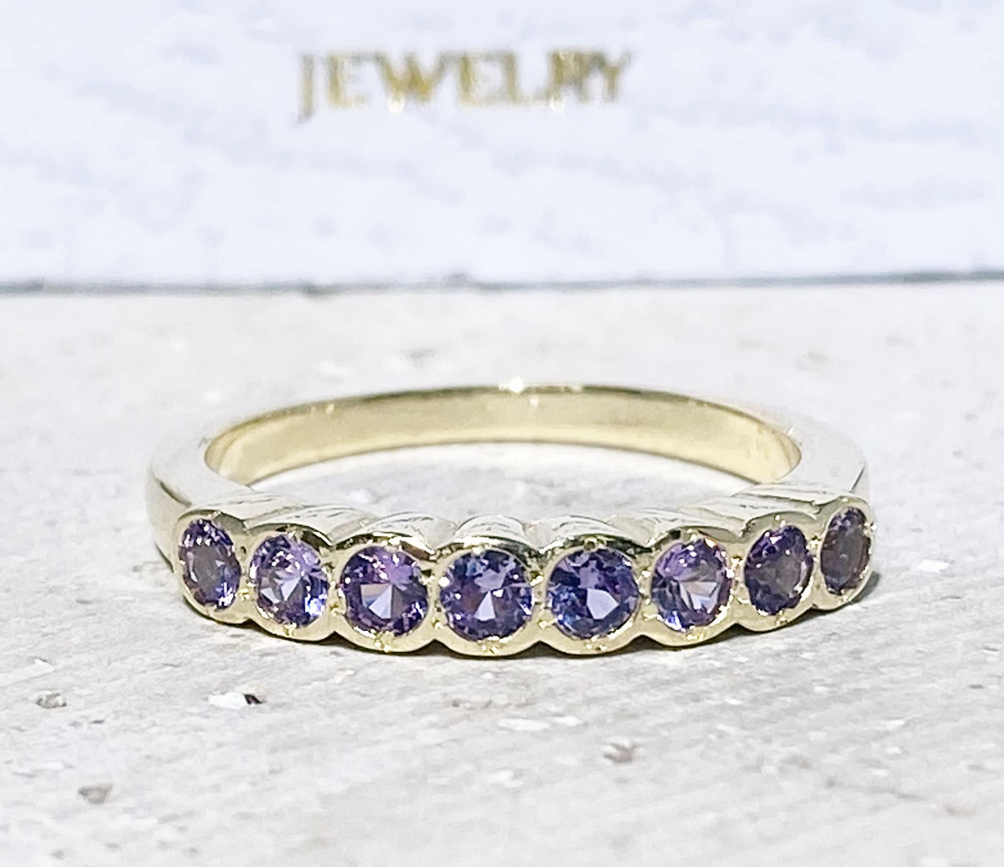 Alexandrite Ring - June Birthstone - Stacking Ring with Eight Round Alexandrite Gemstones - H.L.Jewelry