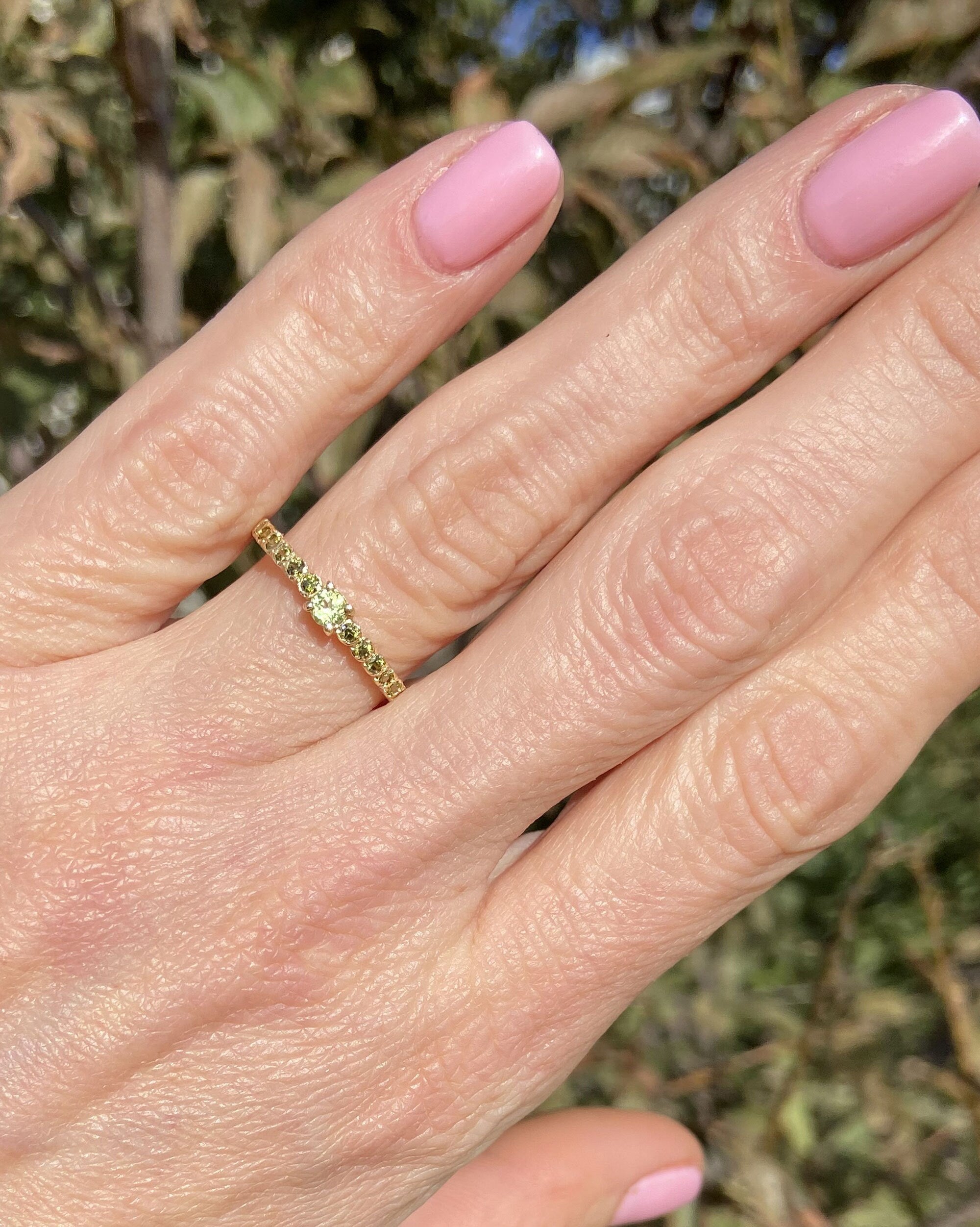 Peridot Ring - August Birthstone - Stacking Half Eternity Ring with Thirteen Round Peridot Gemstones - H.L.Jewelry