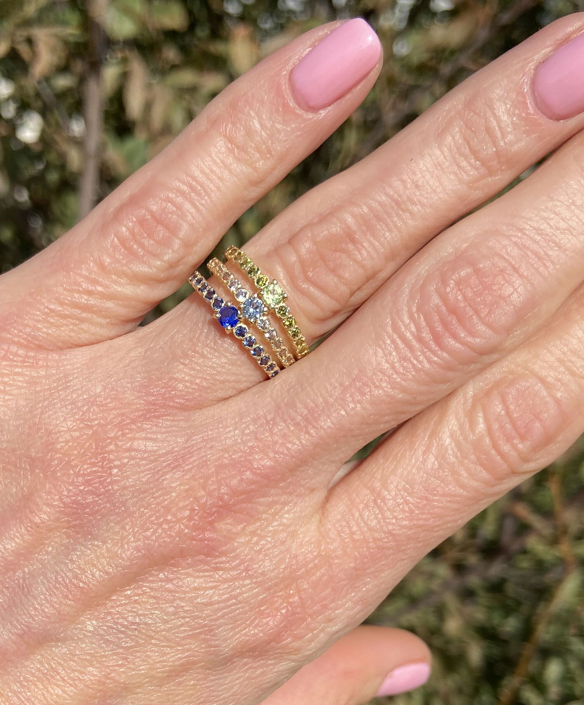 Peridot Ring - August Birthstone - Stacking Half Eternity Ring with Thirteen Round Peridot Gemstones - H.L.Jewelry