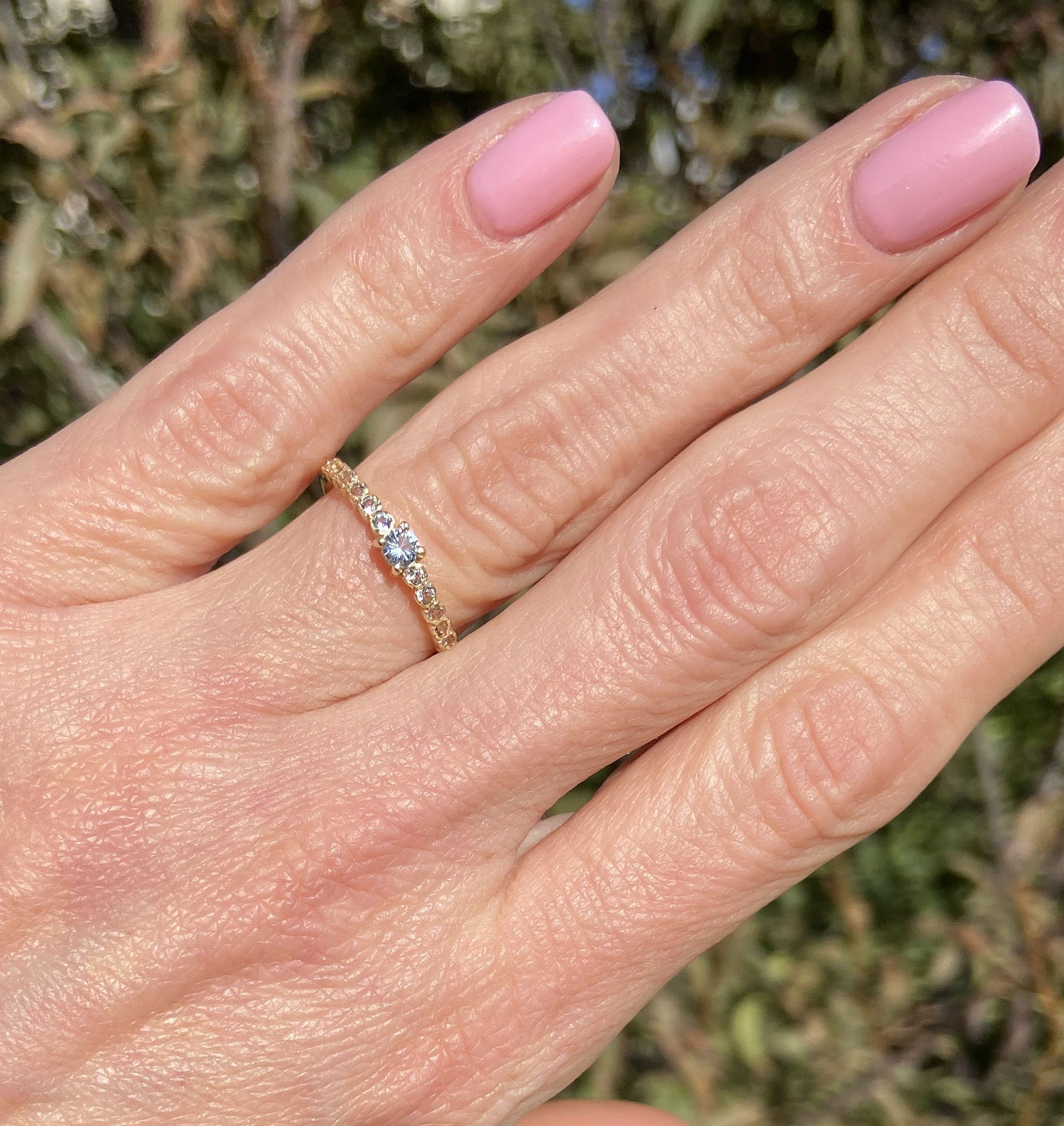 Aquamarine Ring - March Birthstone - Delicate Stacking Ring with 13 Round Aquamarine Gemstones - H.L.Jewelry