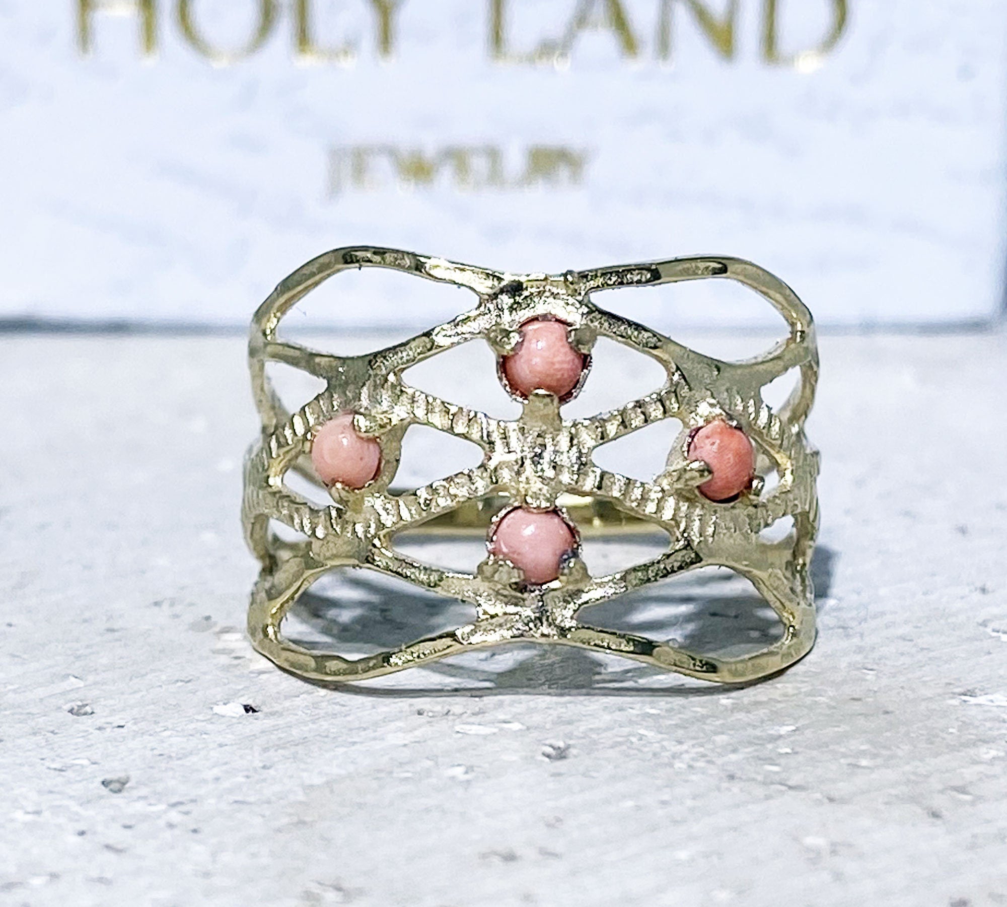 Coral Ring - Hammered Ring with Four Round Peach Coral Gemstones - H.L.Jewelry