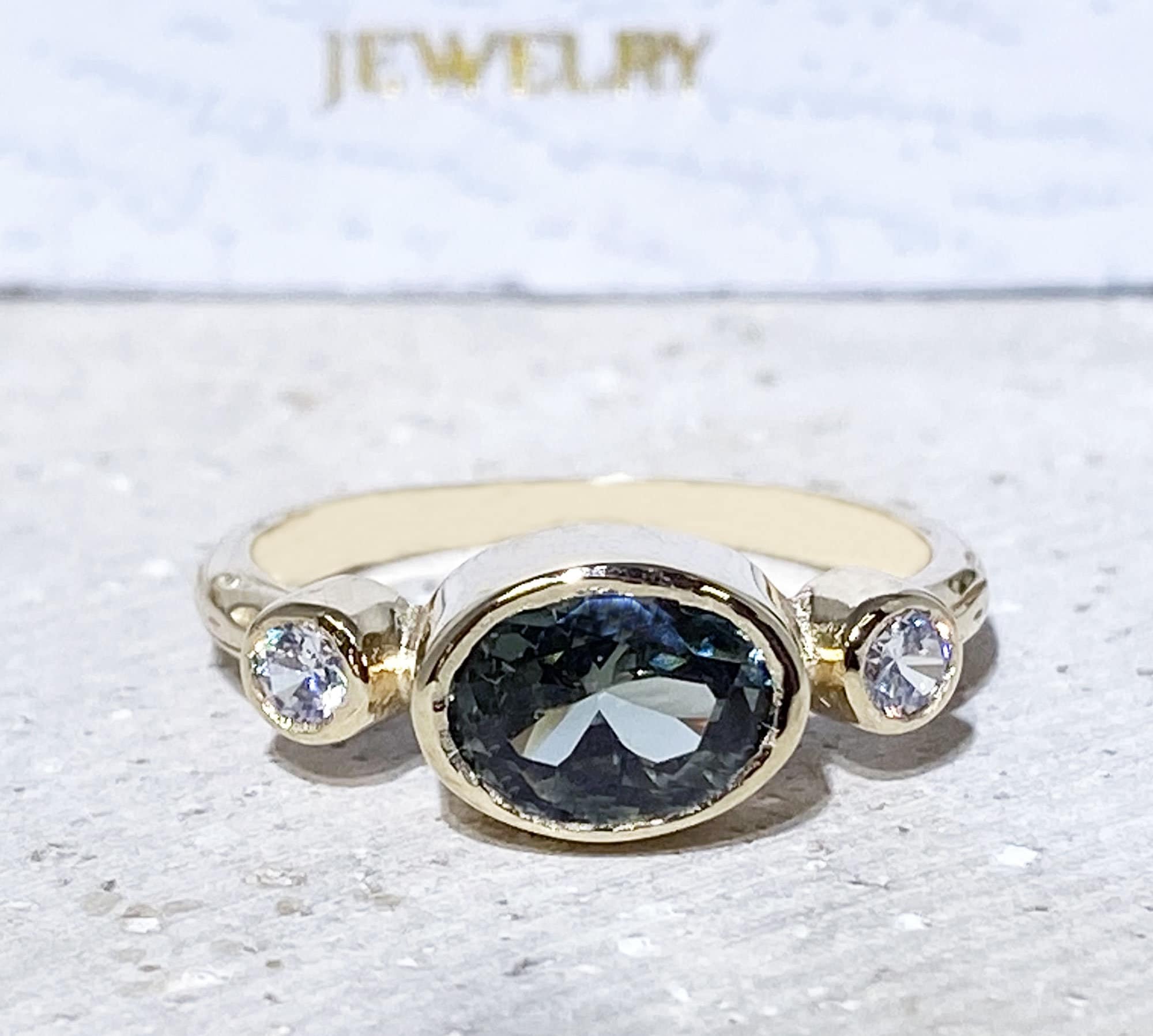 Green Tourmaline Ring - Bezel Set Ring with Oval Green Tourmaline Gemstone and Clear Quartz Accents - H.L.Jewelry