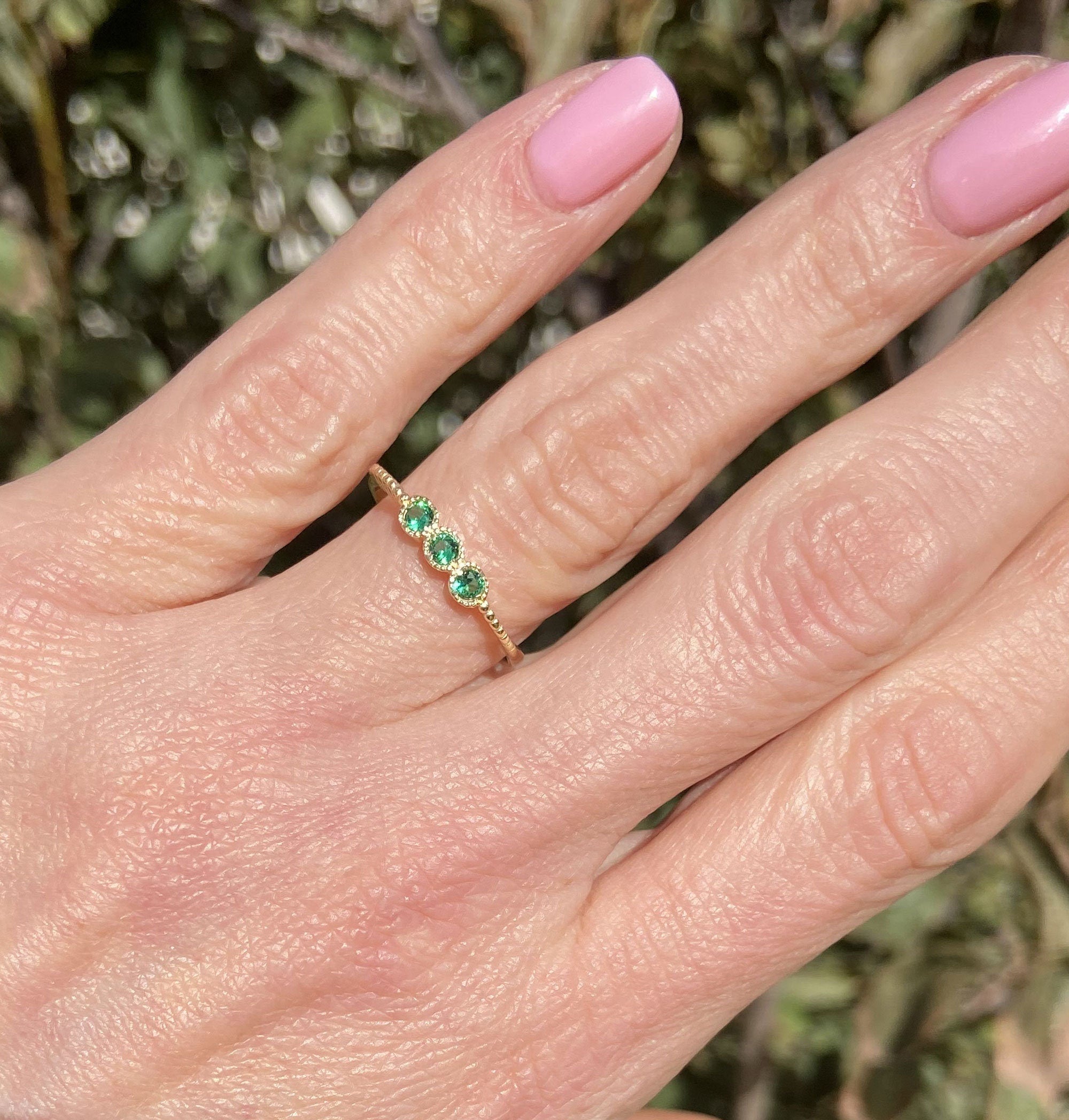 Emerald Ring - May Birthstone - Three Round Emerald Gemstones Delicate Stacking Ring - H.L.Jewelry