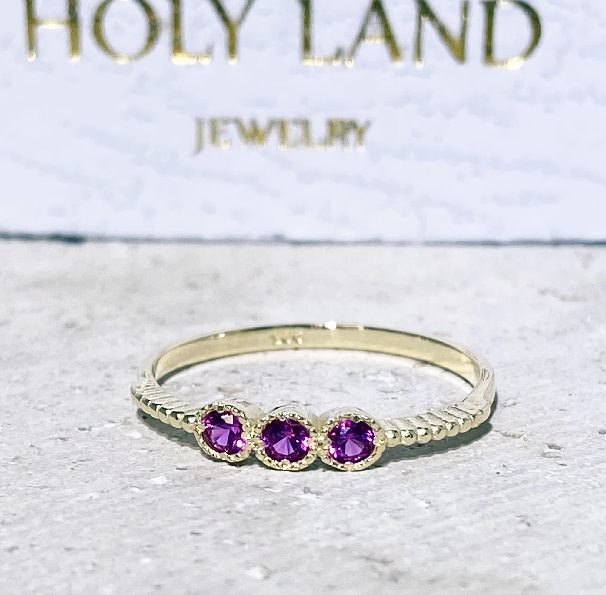 Ruby ring - July Birthstone Jewelry - Three Round Ruby Gemstones Delicate Stacking Ring - H.L.Jewelry