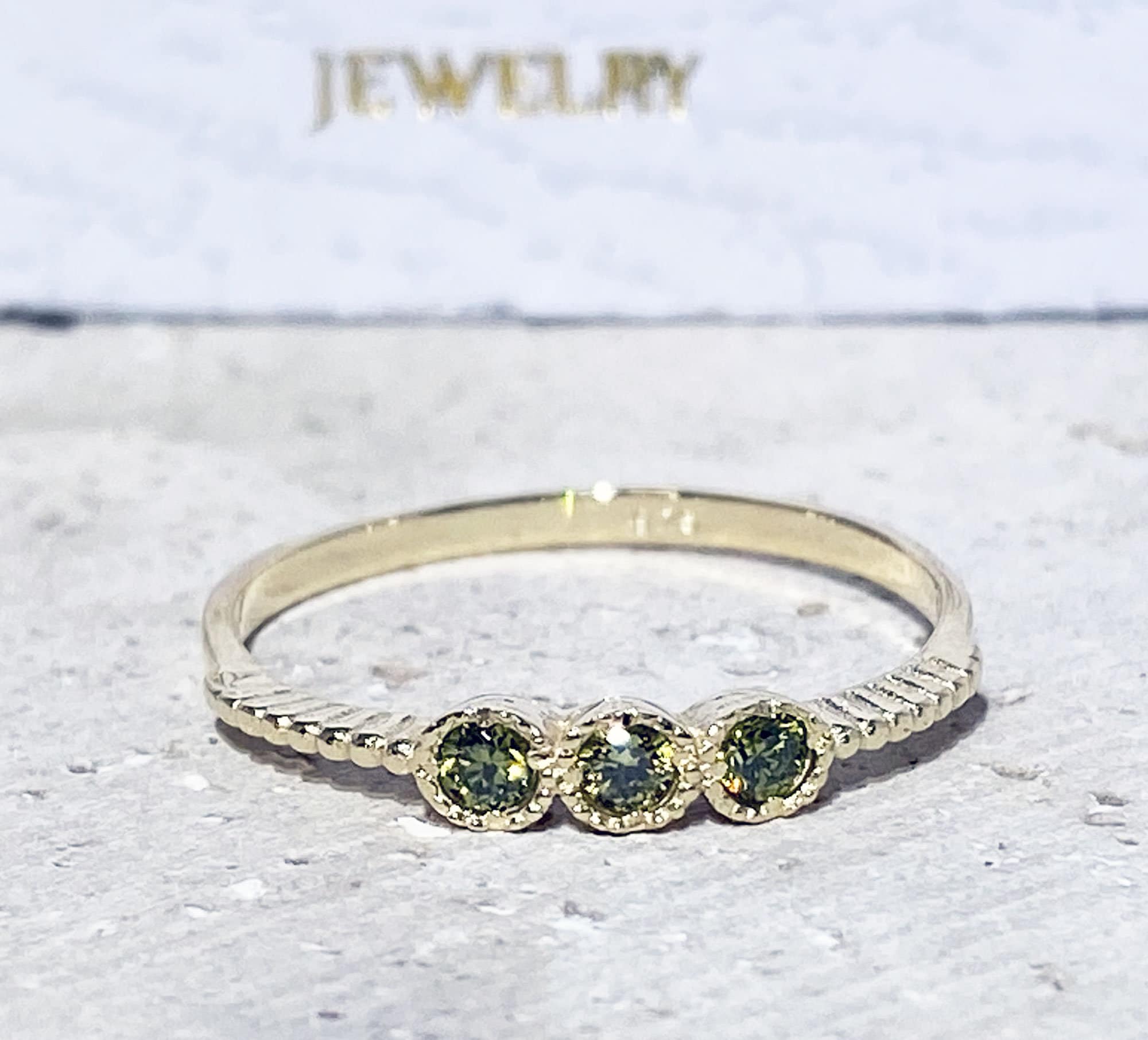 Peridot Ring - August Birthstone - Delicate Stacking Ring with Three Round Peridot Gemstones - H.L.Jewelry