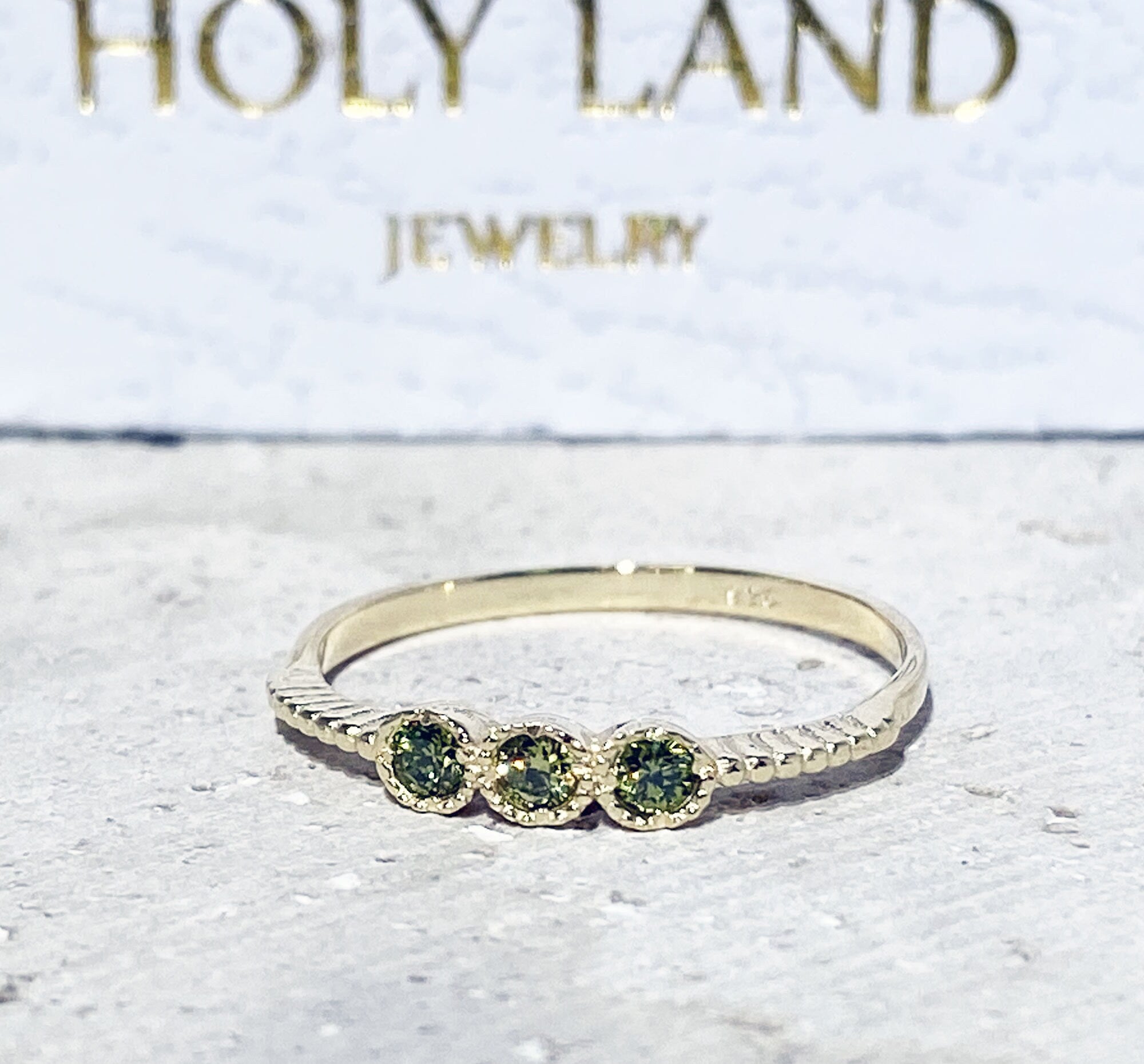 Peridot Ring - August Birthstone - Delicate Stacking Ring with Three Round Peridot Gemstones - H.L.Jewelry