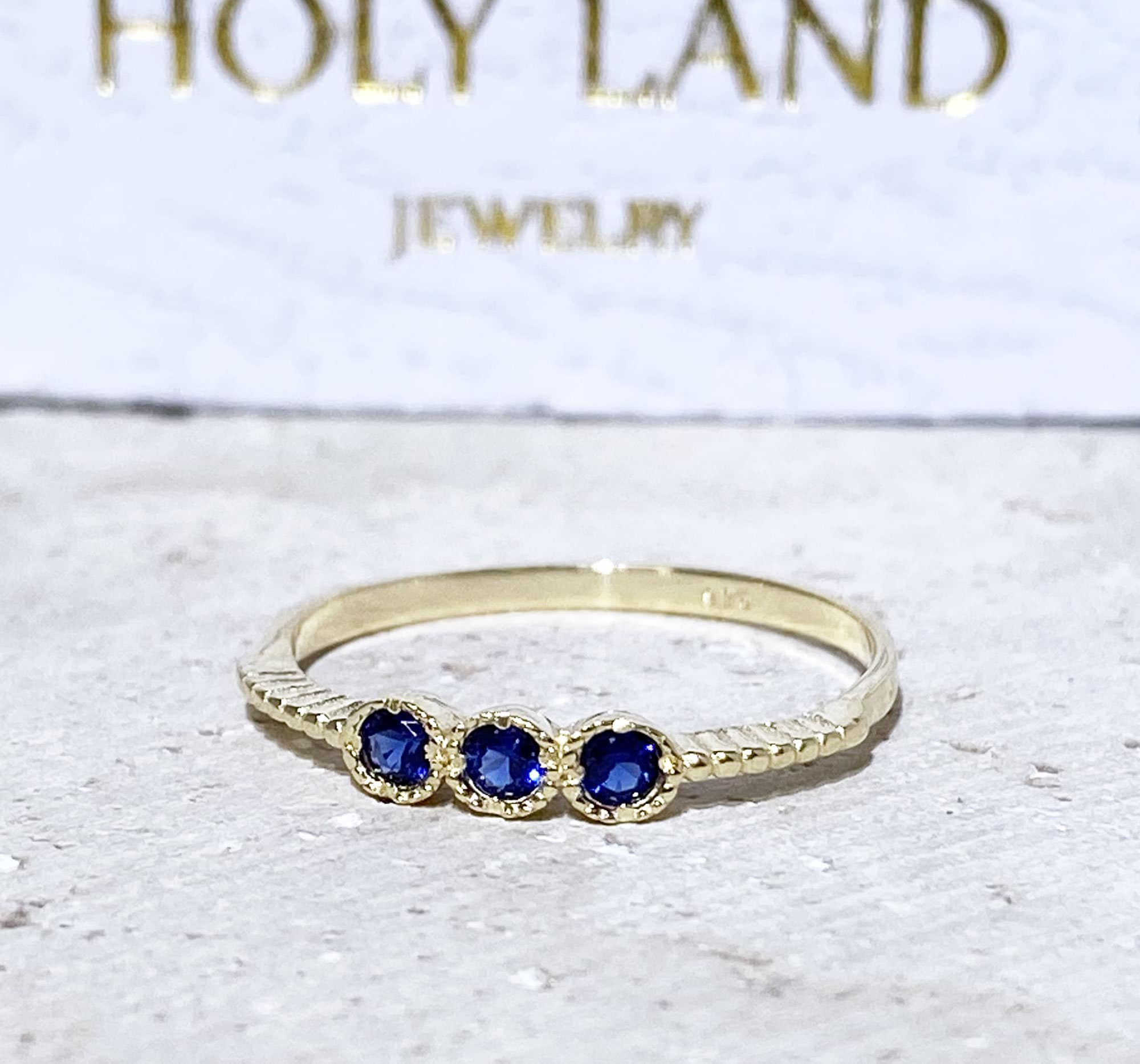 Blue Sapphire ring - September Birthstone - Delicate Stacking Ring with Three Round Blue Sapphire Gemstones - H.L.Jewelry