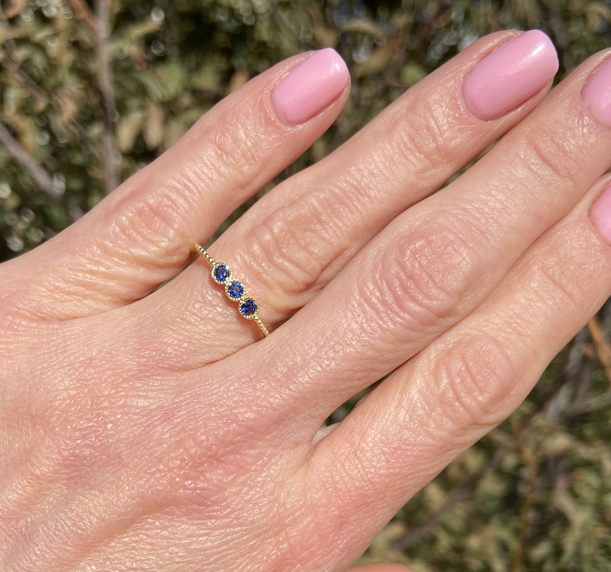 Blue Sapphire ring - September Birthstone - Delicate Stacking Ring with Three Round Blue Sapphire Gemstones - H.L.Jewelry