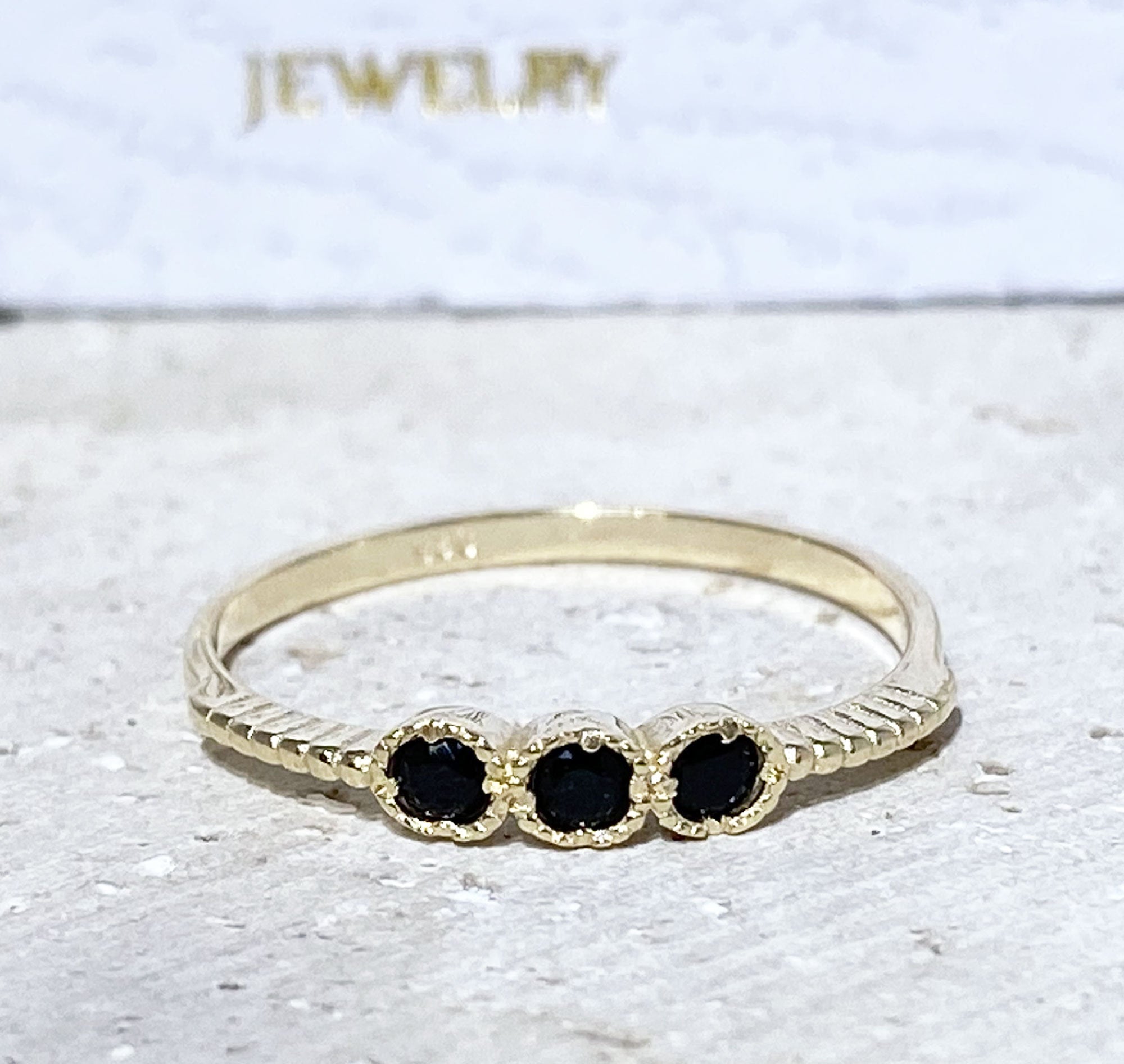 Black Onyx Ring - December Birthstone - Tiny Stacking Ring with Three Round Black Onyx Gemstones - H.L.Jewelry