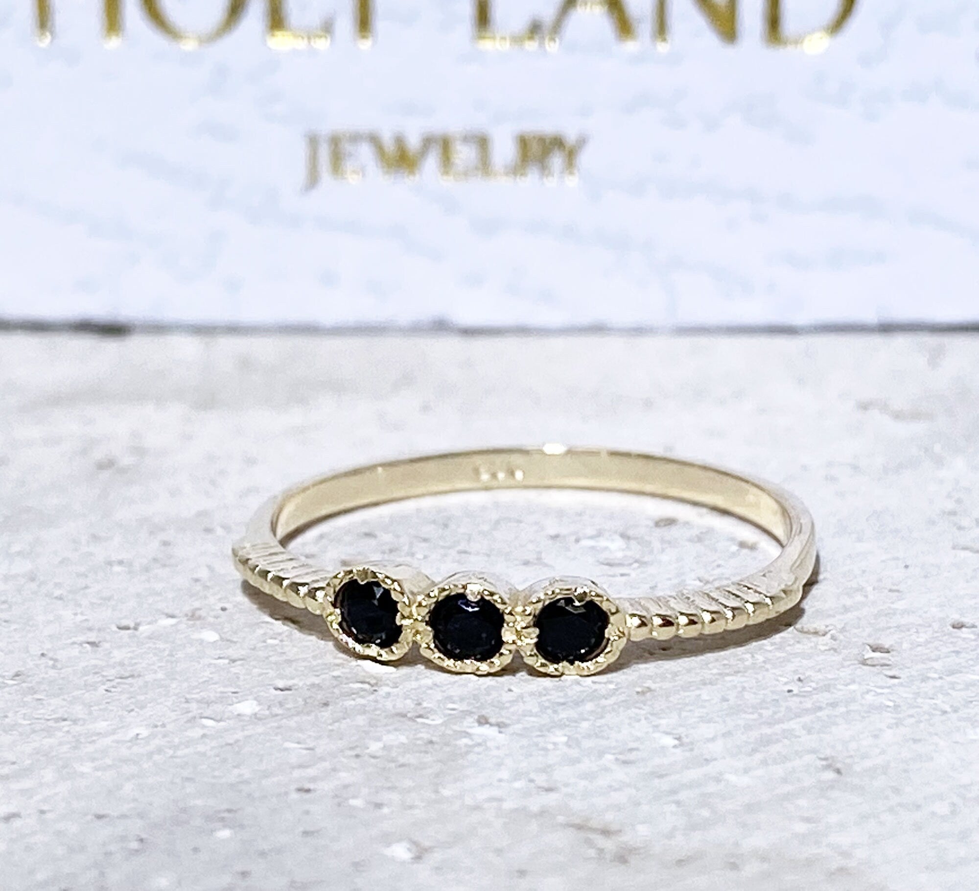 Black Onyx Ring - December Birthstone - Tiny Stacking Ring with Three Round Black Onyx Gemstones - H.L.Jewelry