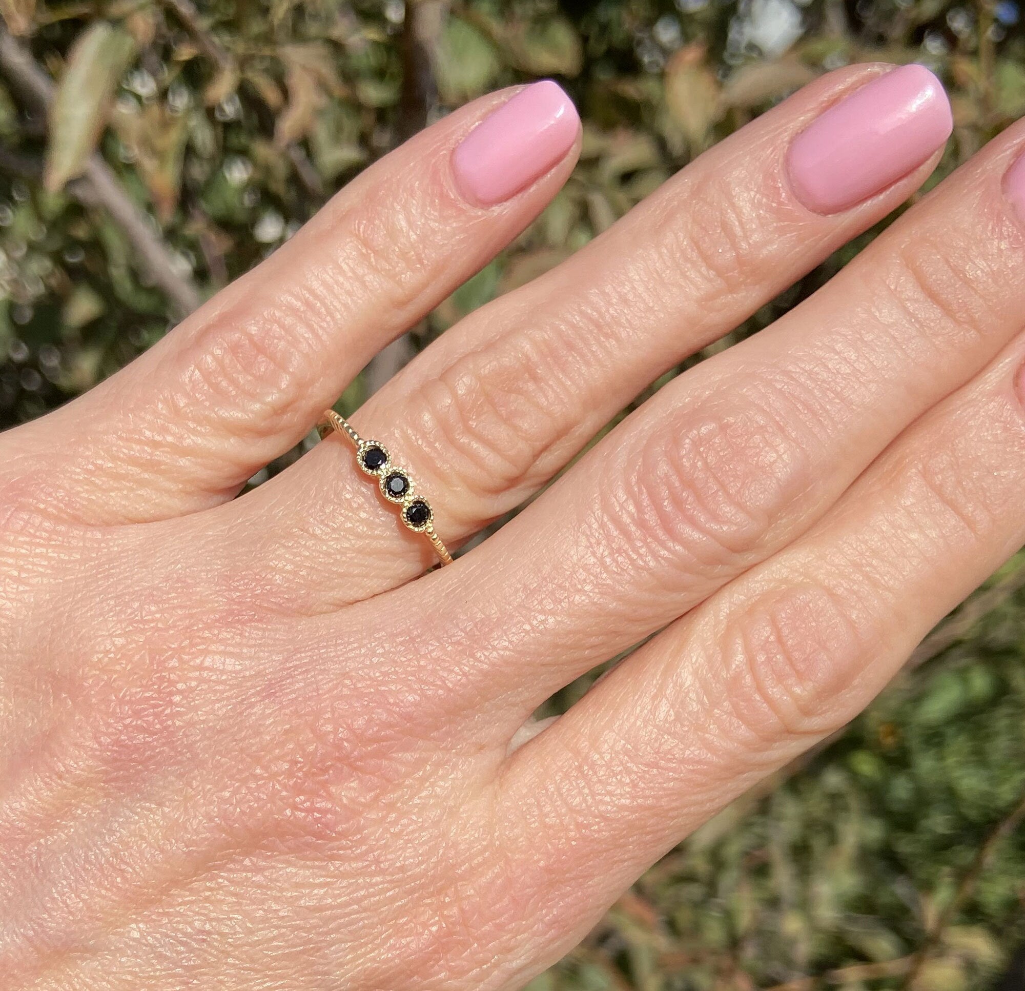 Black Onyx Ring - December Birthstone - Tiny Stacking Ring with Three Round Black Onyx Gemstones - H.L.Jewelry