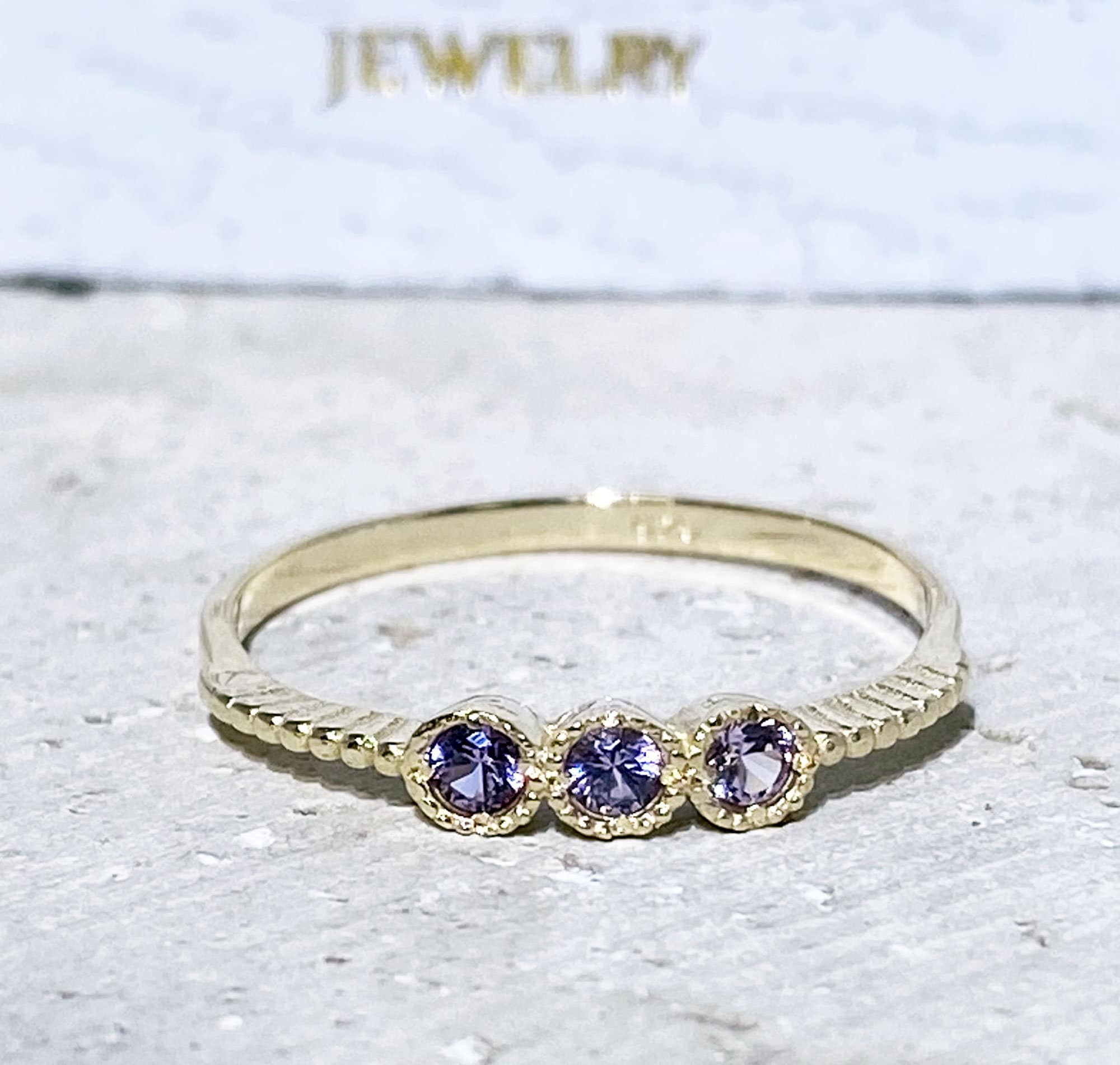 Alexandrite Ring - June Birthstone - Three Round Alexandrite Gemstones Delicate Stacking Ring - H.L.Jewelry