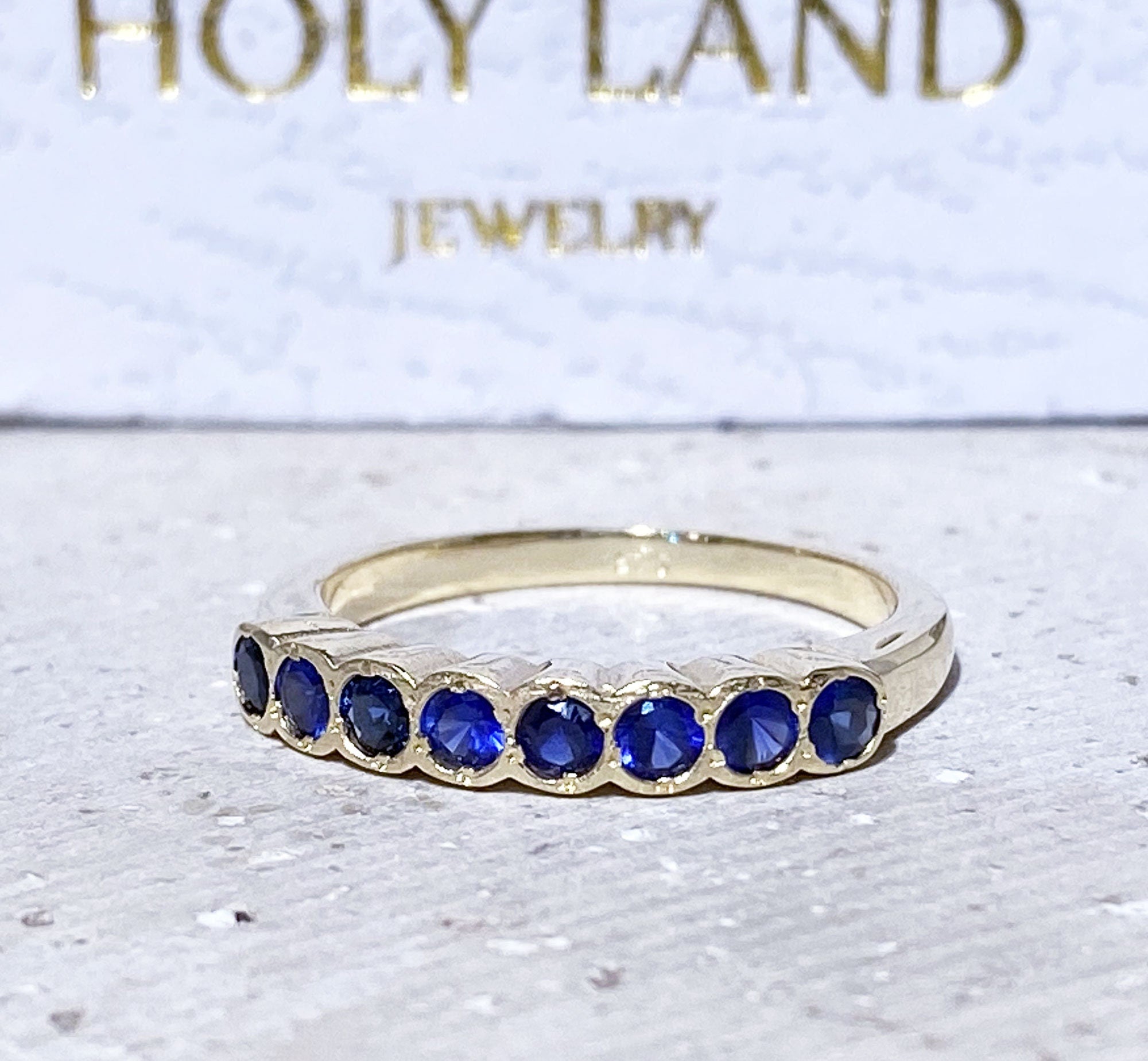 Blue Sapphire Ring - September Birthstone - Stacking Ring with Eight Round Blue Sapphire Gemstones - H.L.Jewelry