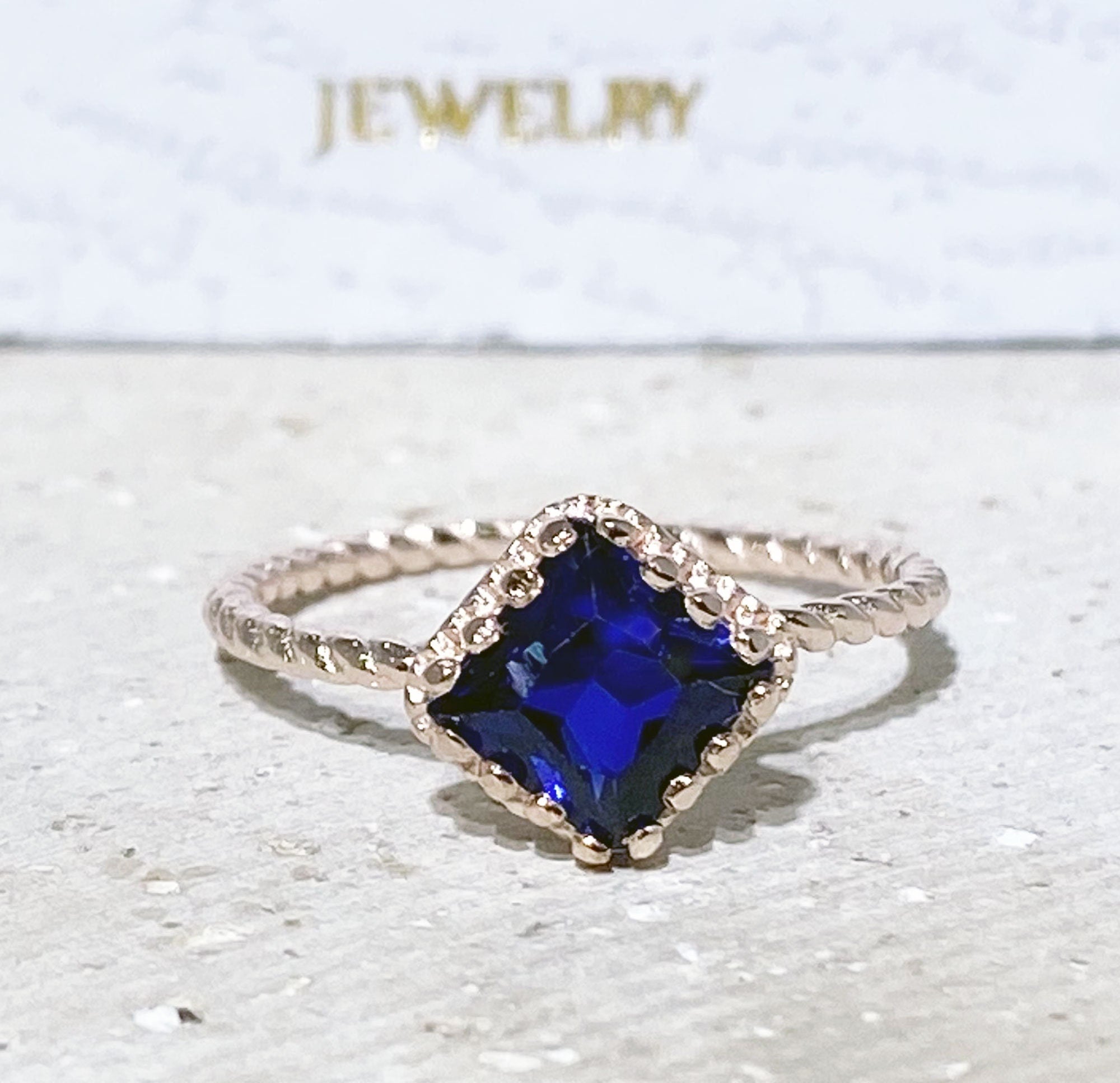 Blue Sapphire Ring - September Birthstone - Simple Twist Band Ring with Square Blue Sapphire Gemstone - H.L.Jewelry