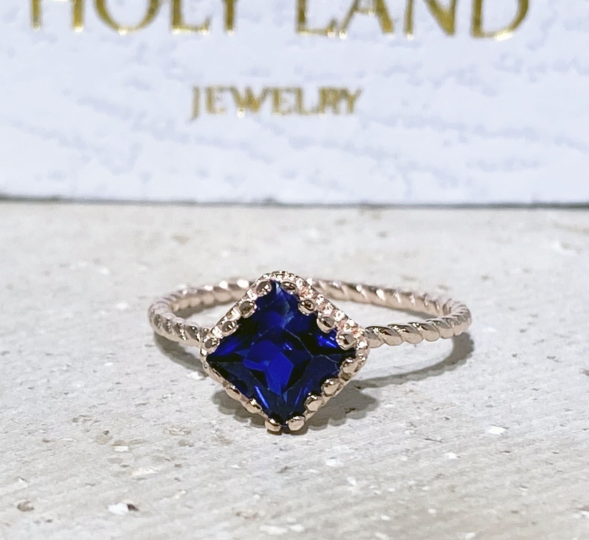 Blue Sapphire Ring - September Birthstone - Simple Twist Band Ring with Square Blue Sapphire Gemstone - H.L.Jewelry